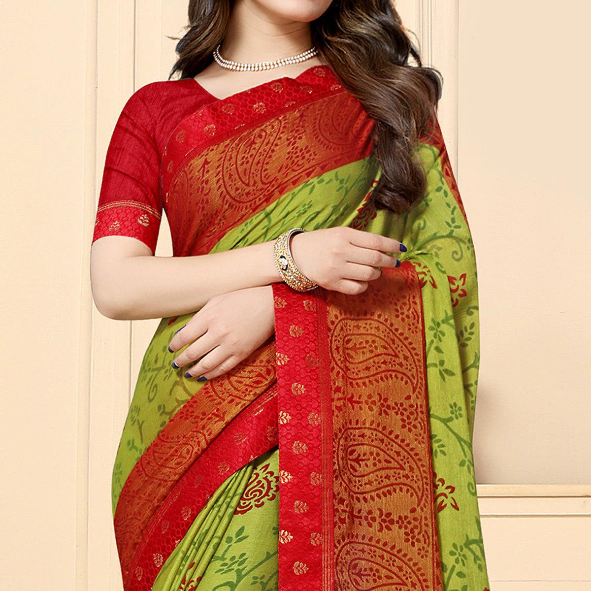 Unique Pista Green Colored Festive Wear Printed Chiffon Brasso Saree - Peachmode