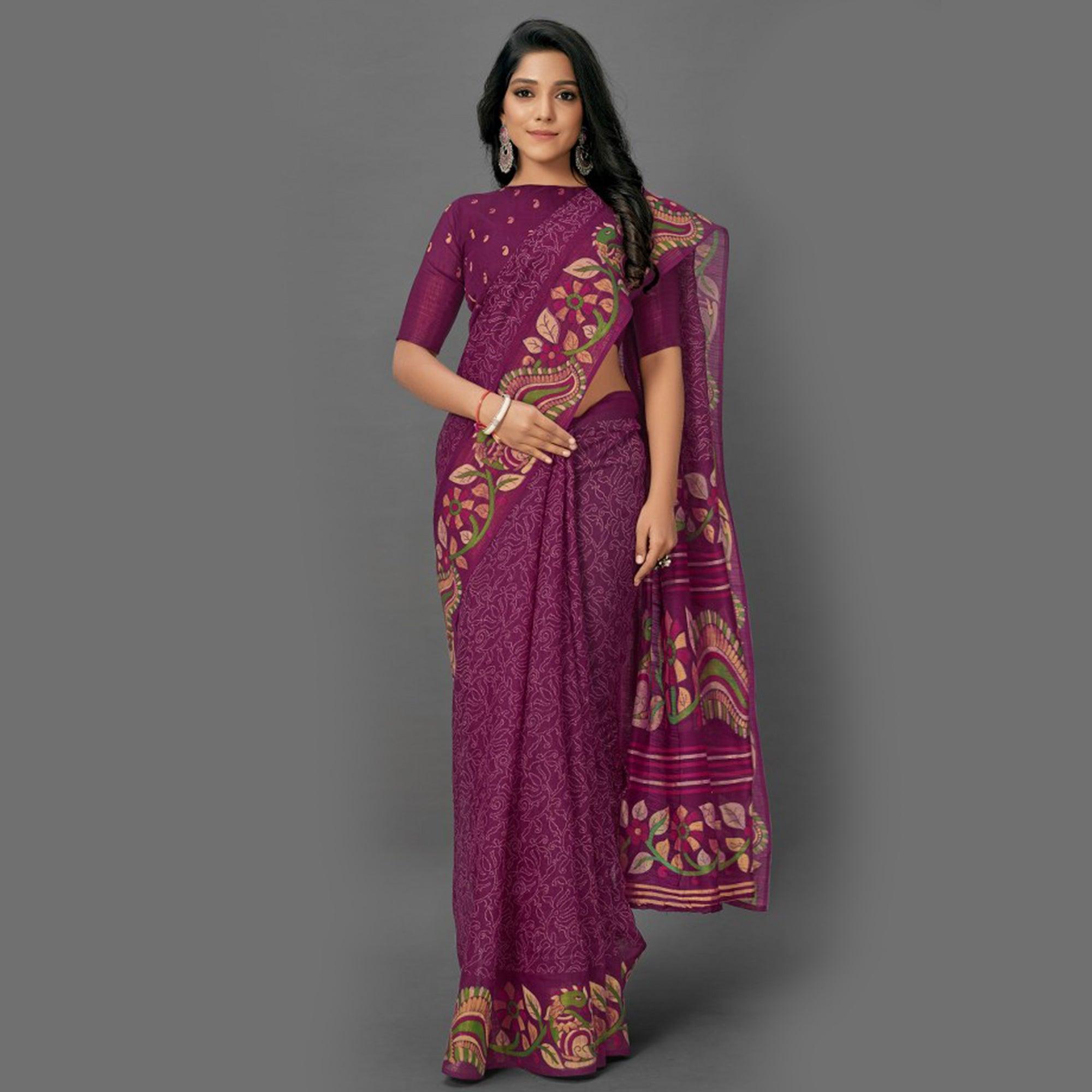 Unique Purple Colored Casual Wear Printed Cotton Saree - Peachmode