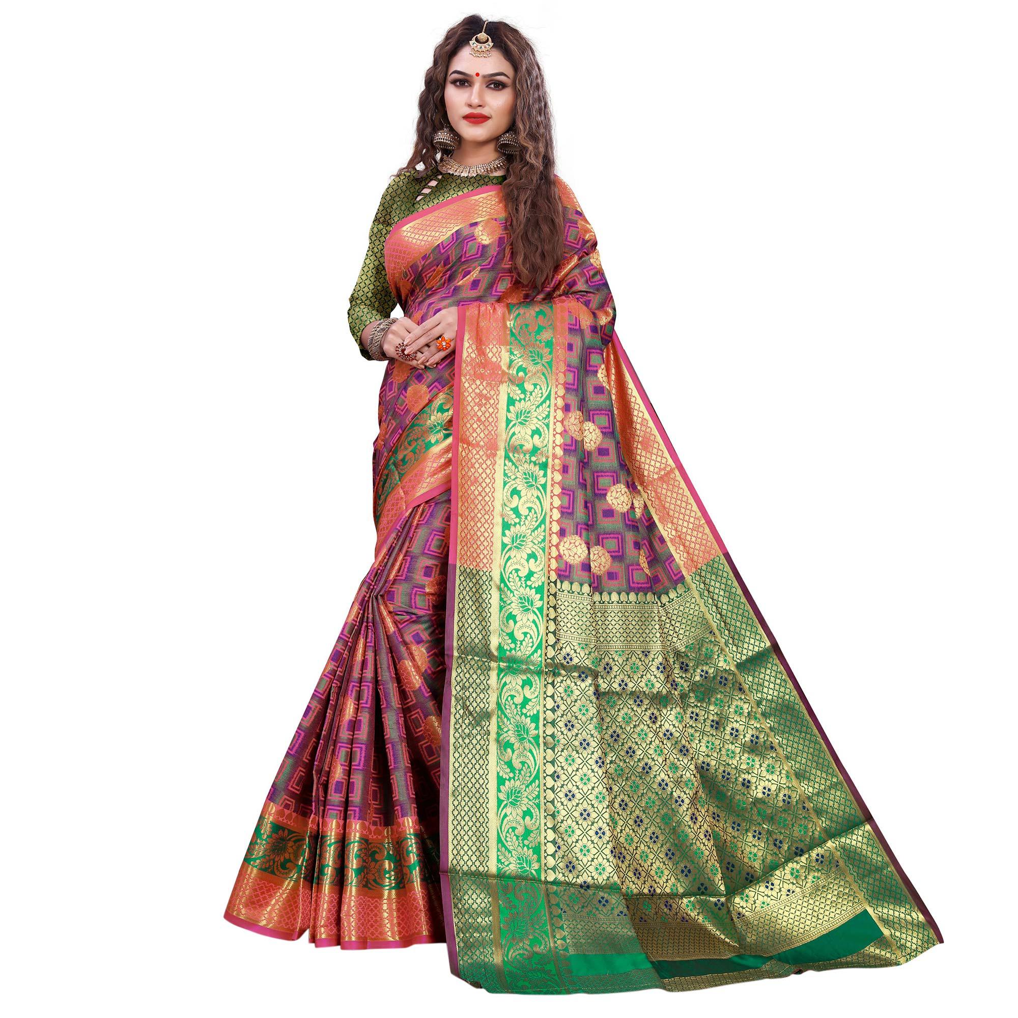 Unique Purple-Green Colored Festive Wear Woven Cotton Silk Jacquard Saree - Peachmode