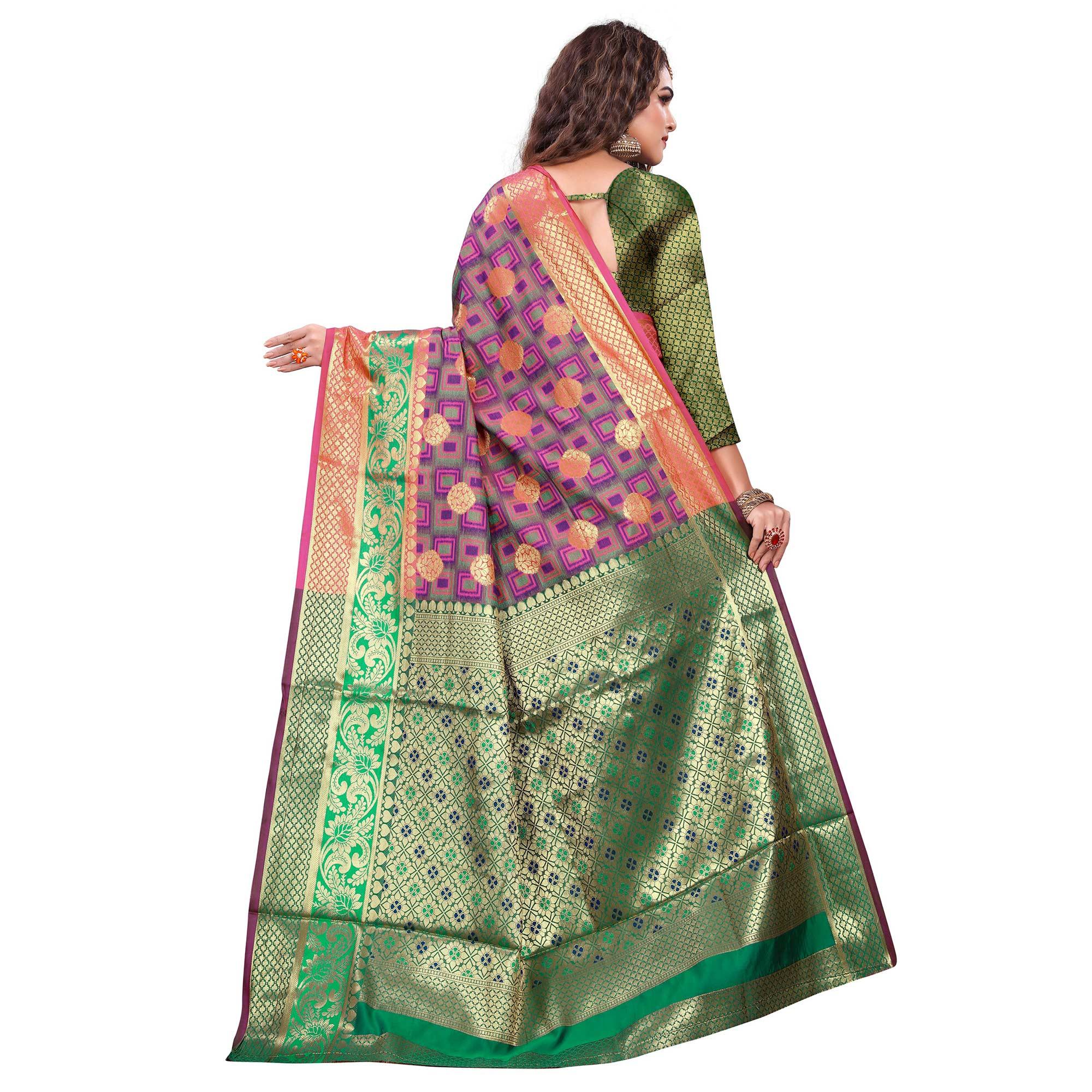 Unique Purple-Green Colored Festive Wear Woven Cotton Silk Jacquard Saree - Peachmode