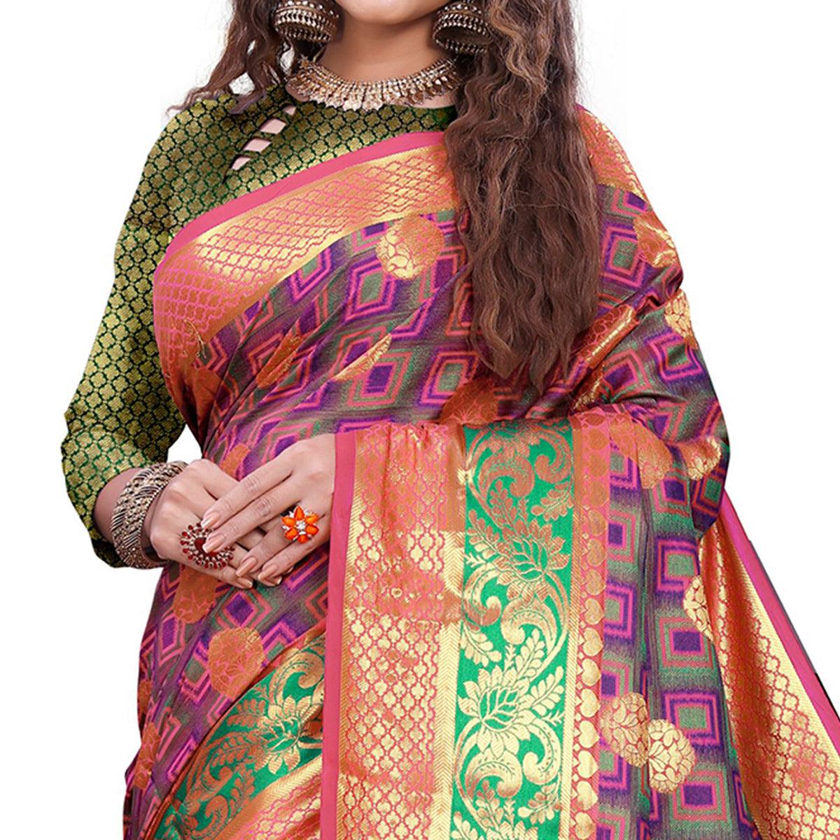Unique Purple-Green Colored Festive Wear Woven Cotton Silk Jacquard Saree - Peachmode