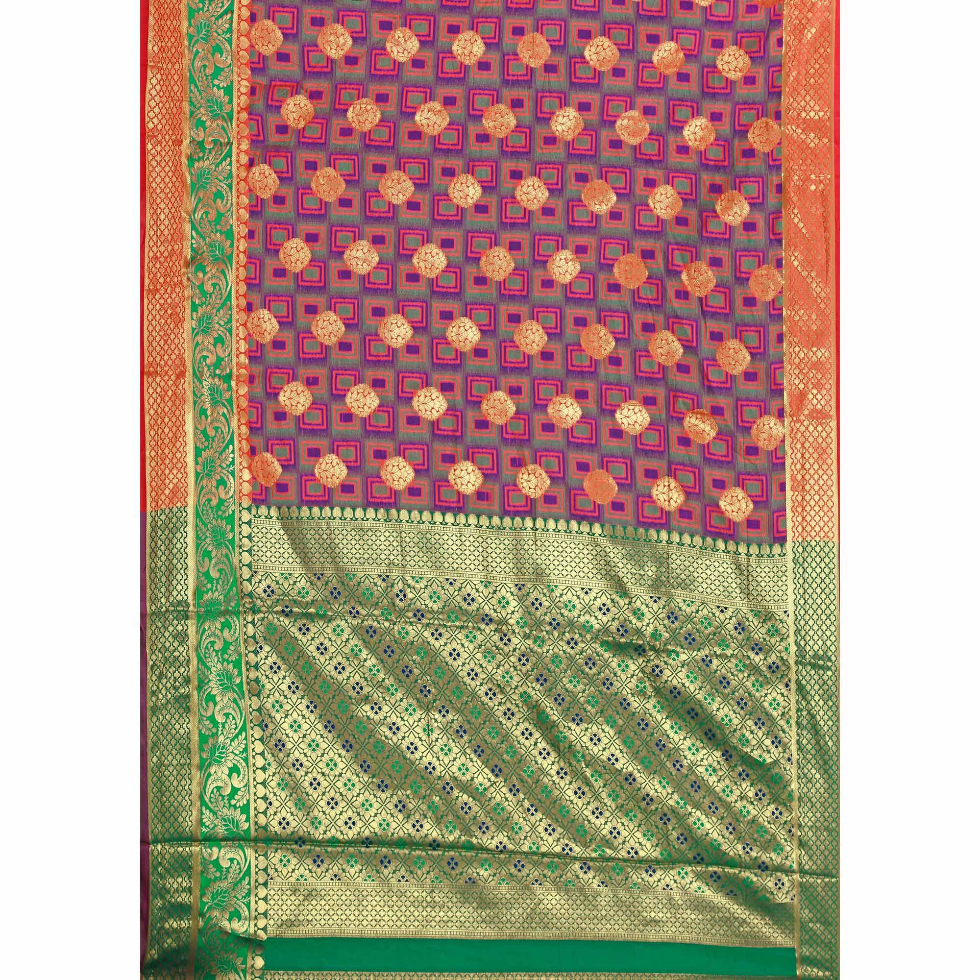 Unique Purple-Green Colored Festive Wear Woven Cotton Silk Jacquard Saree - Peachmode