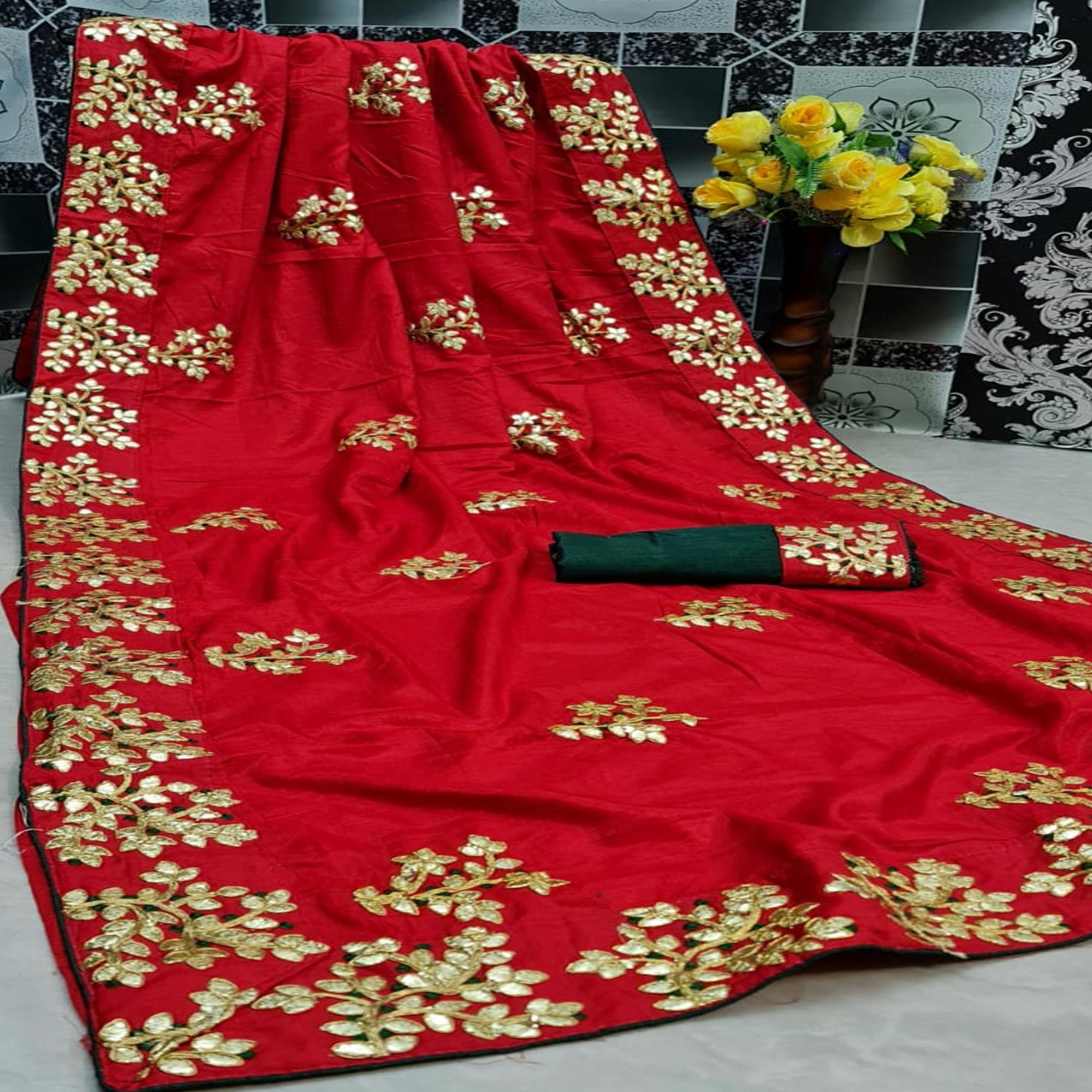 Unique Red Colored Festive Wear Butta Work Dola Silk Saree - Peachmode