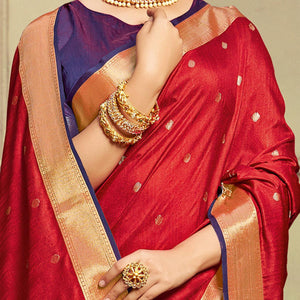 Unique Red Colored Festive Wear Woven Handloom Silk Saree With Tassels - Peachmode