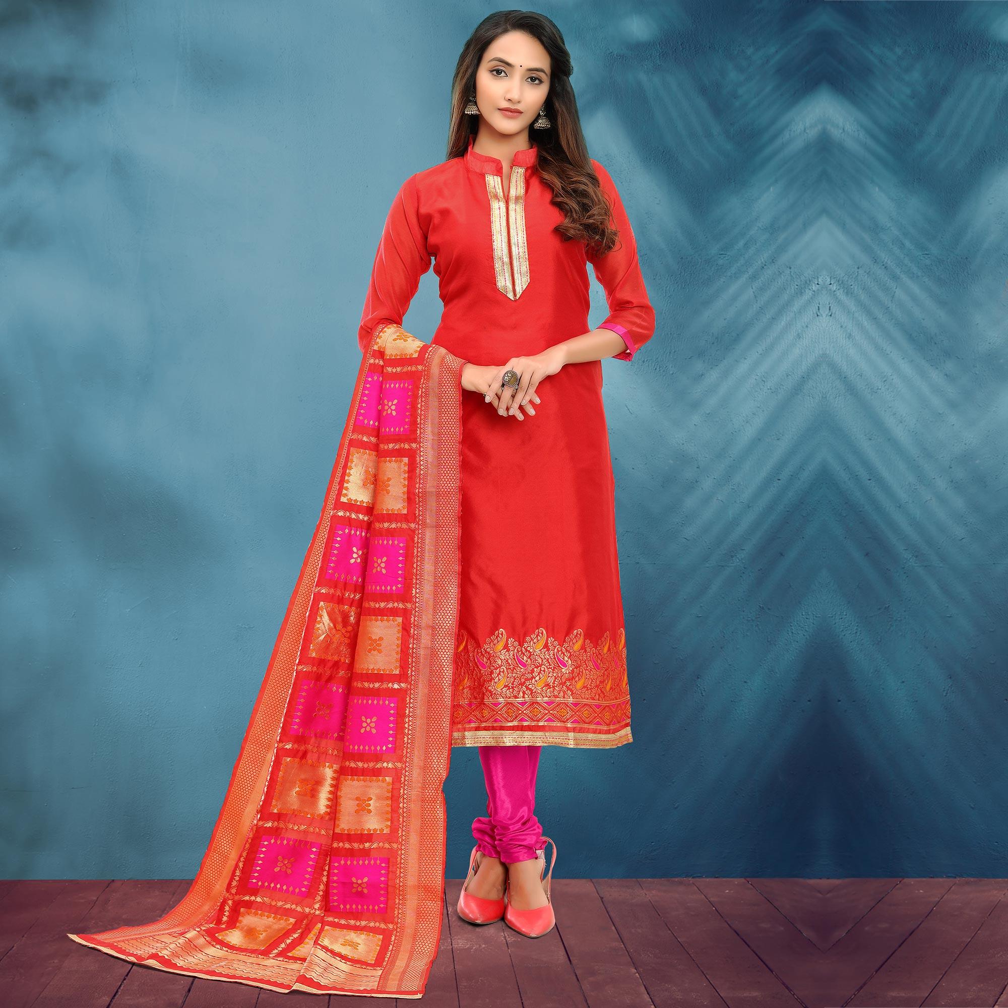 Unique Red Colored Festive Wear Woven Heavy Banarasi Silk Dress Material - Peachmode