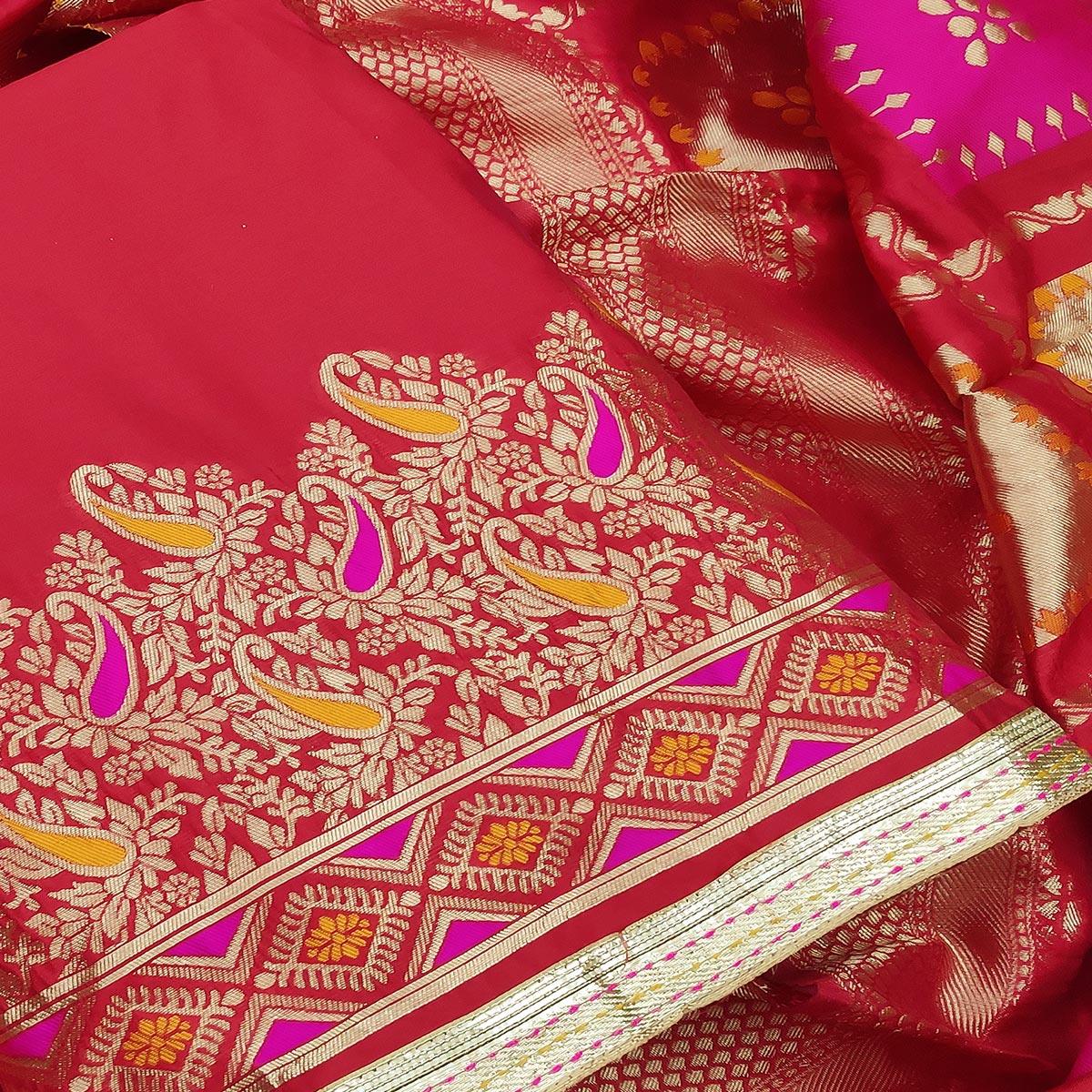 Unique Red Colored Festive Wear Woven Heavy Banarasi Silk Dress Material - Peachmode