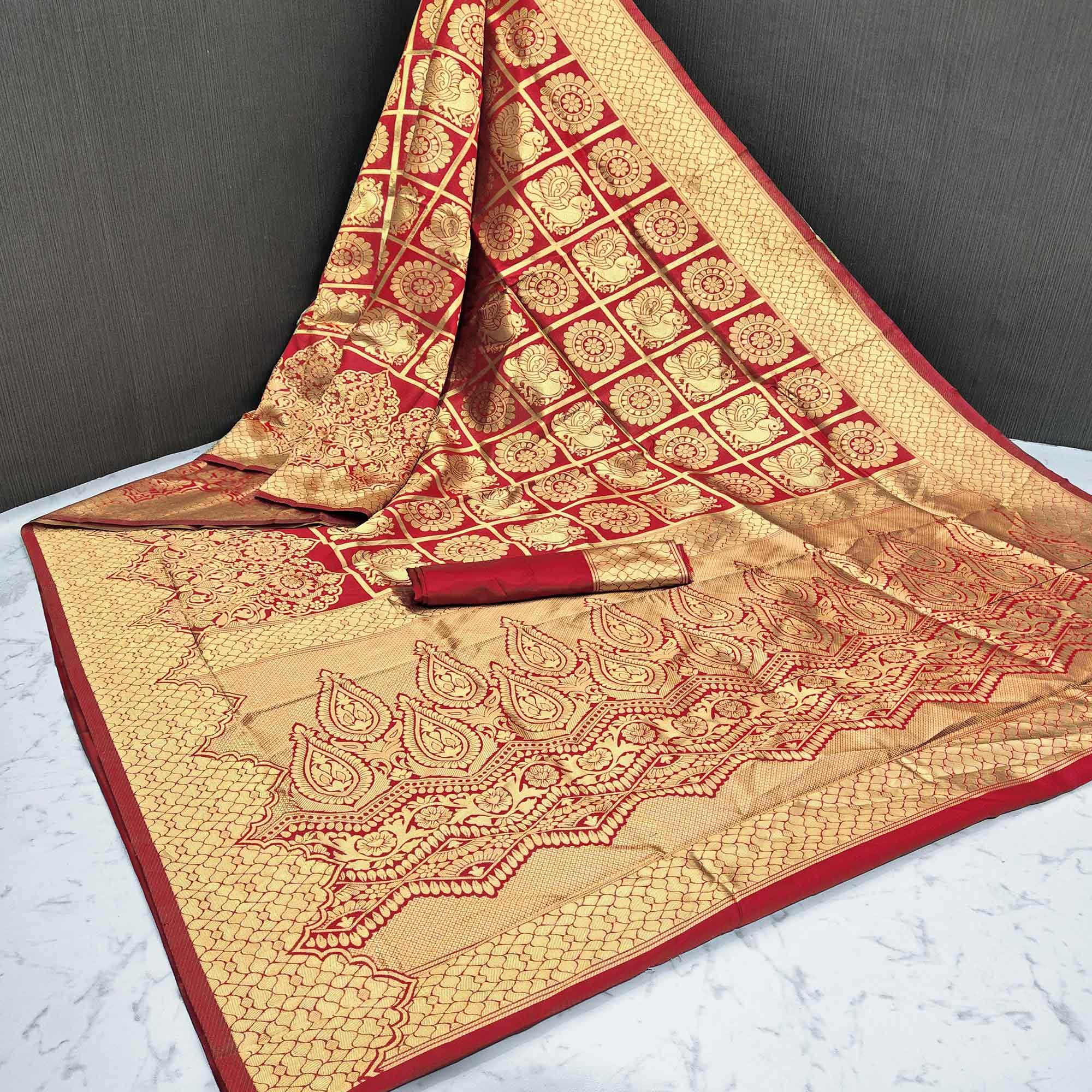 Unique Red Colored Festive Wear Woven Heavy Banarasi Silk Saree - Peachmode