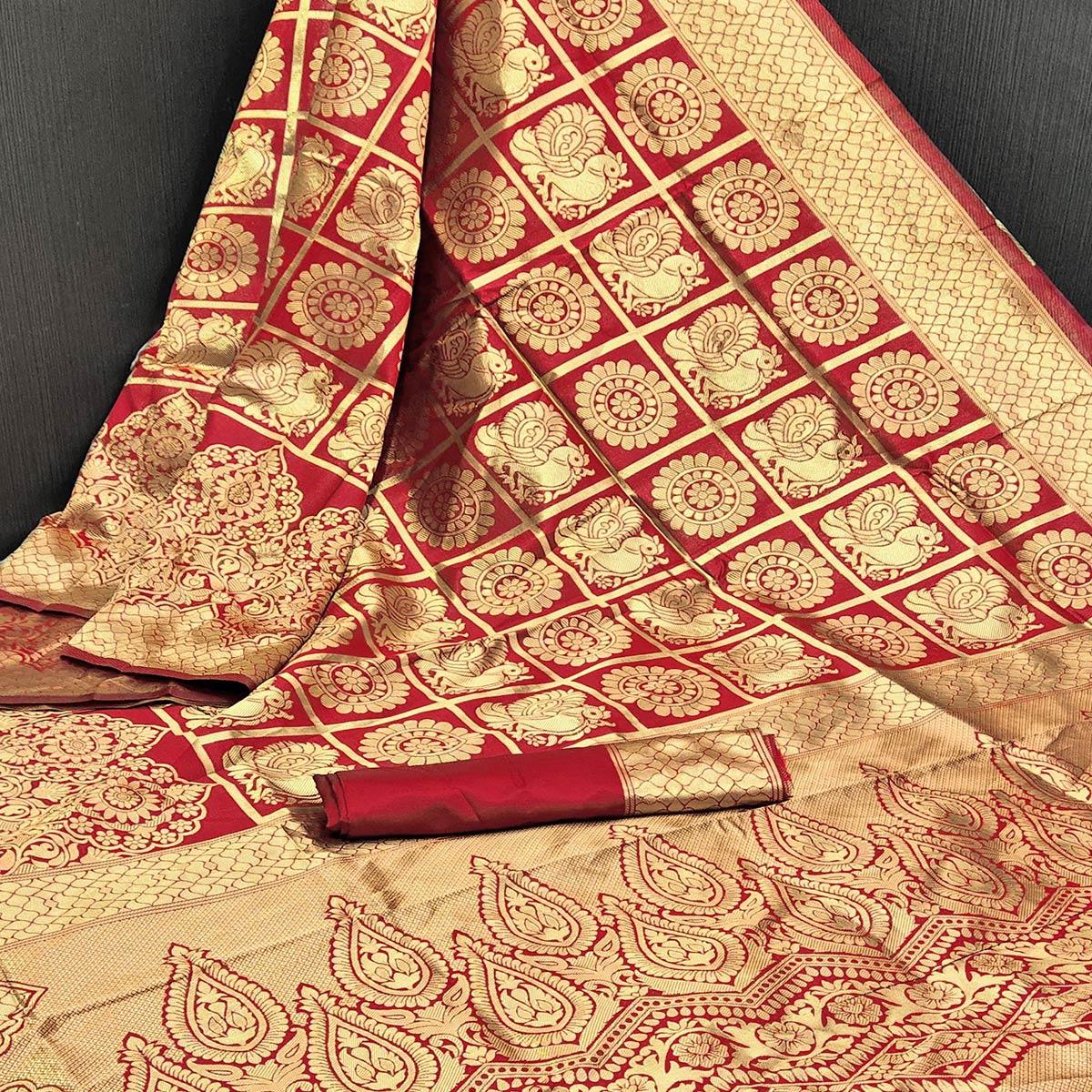 Unique Red Colored Festive Wear Woven Heavy Banarasi Silk Saree - Peachmode
