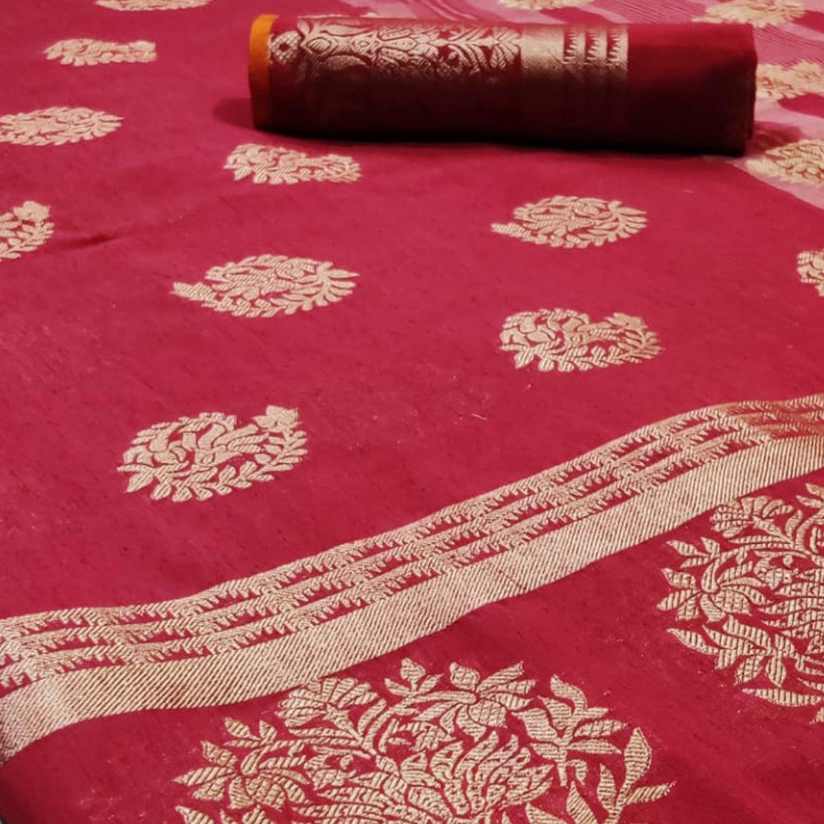 Unique Red Colored Festive Wear Woven Linen Saree - Peachmode