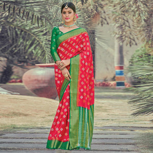 Unique Red Colored Festive Wear Woven Silk Saree - Peachmode