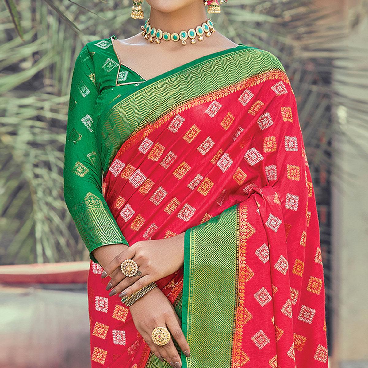 Unique Red Colored Festive Wear Woven Silk Saree - Peachmode