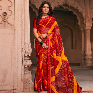 Unique Red Coloured Casual Wear Printed Georgette Saree - Peachmode