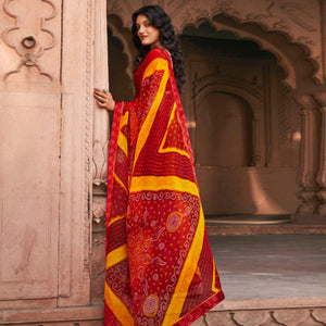 Unique Red Coloured Casual Wear Printed Georgette Saree - Peachmode
