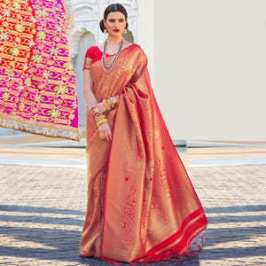 Unique Red Coloured Festive Wear Woven Silk Saree - Peachmode
