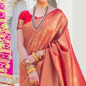 Unique Red Coloured Festive Wear Woven Silk Saree - Peachmode