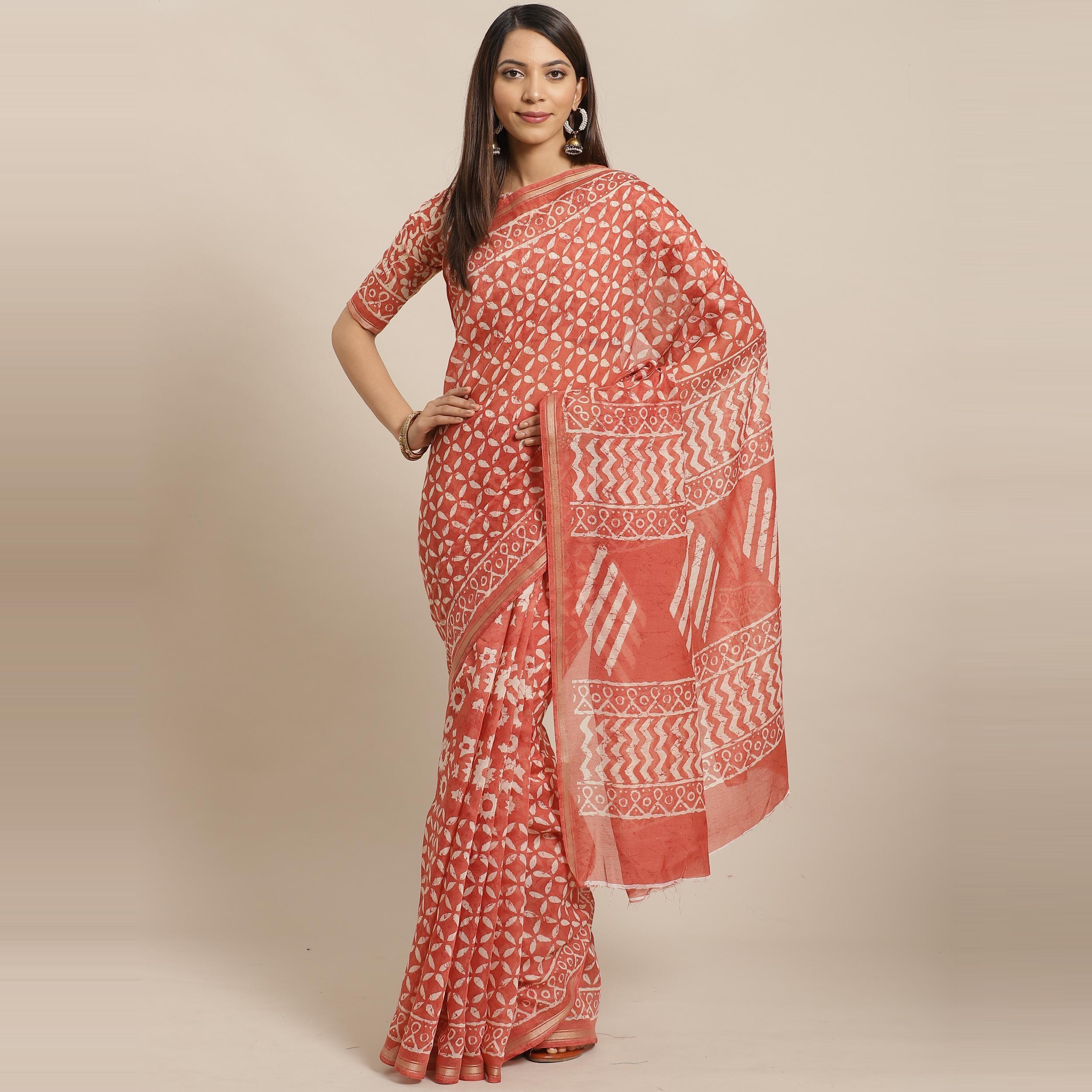 Unique Rust Colored Casual Wear Printed Silk Blend Saree - Peachmode