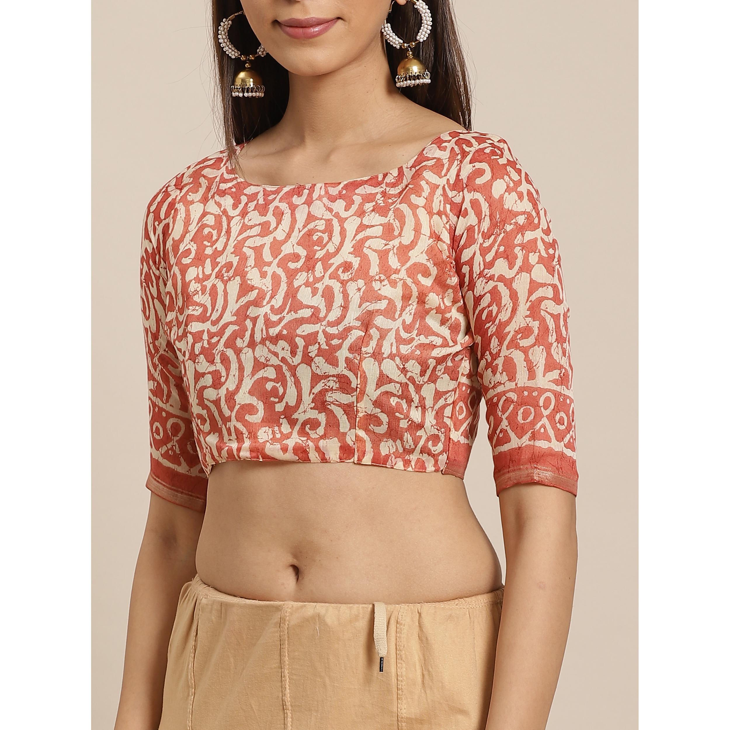 Unique Rust Colored Casual Wear Printed Silk Blend Saree - Peachmode