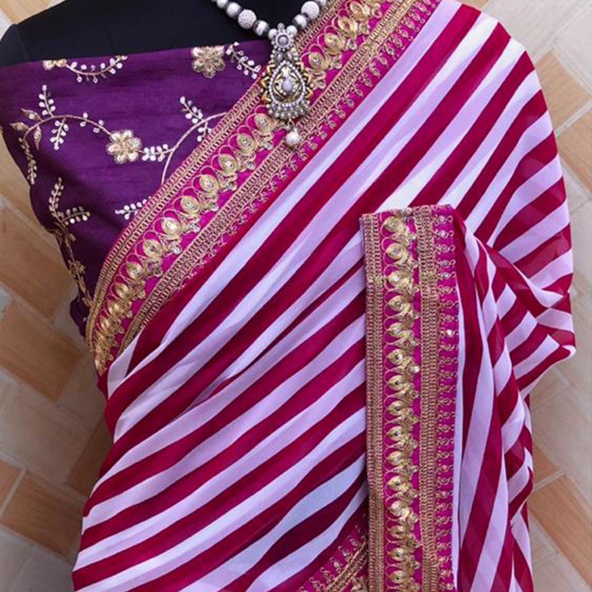 Unique White - Red Colored Partywear Stripes Printed Georgette Saree - Peachmode