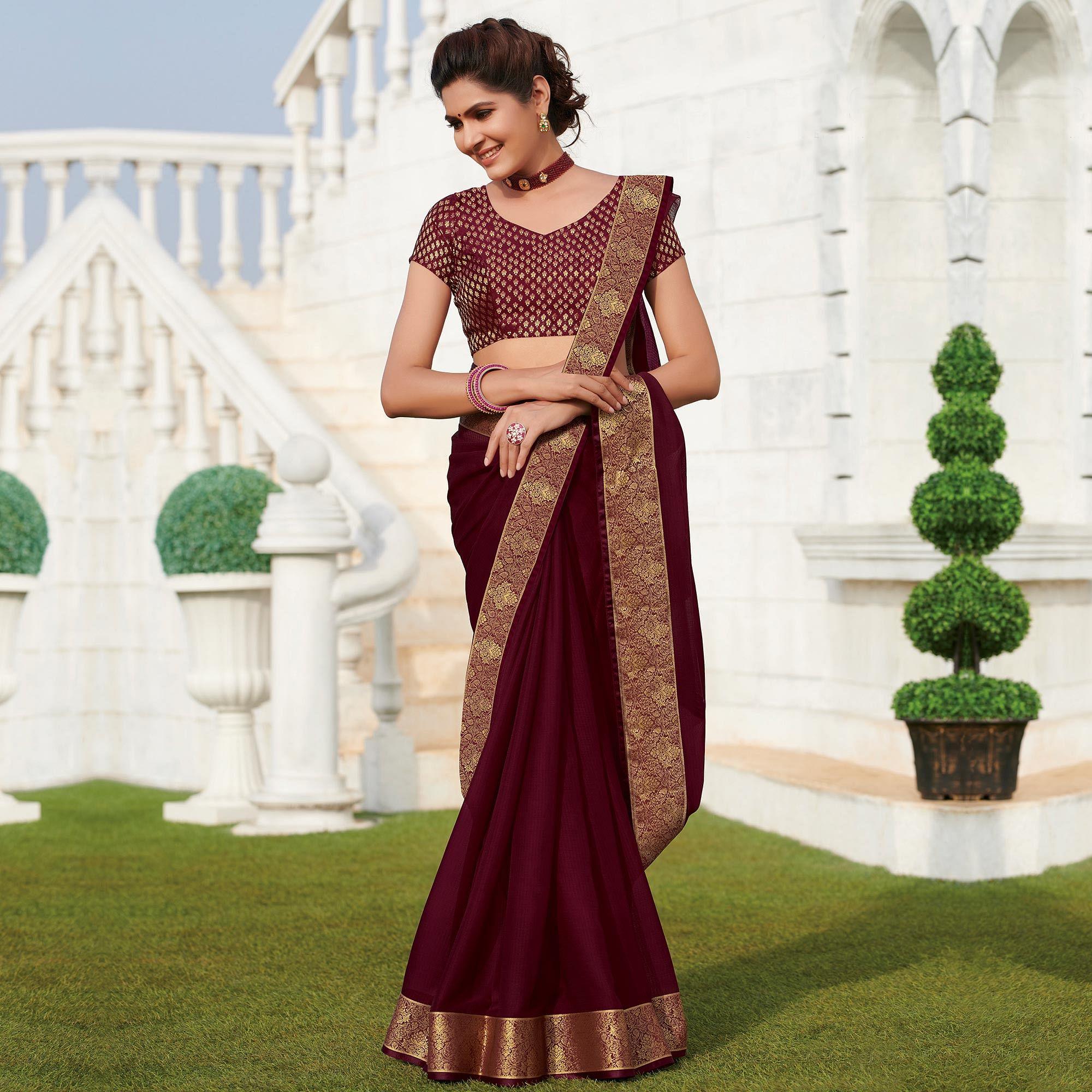 Unique Wine Colored Party Wear Embroidered Chiffon Saree - Peachmode