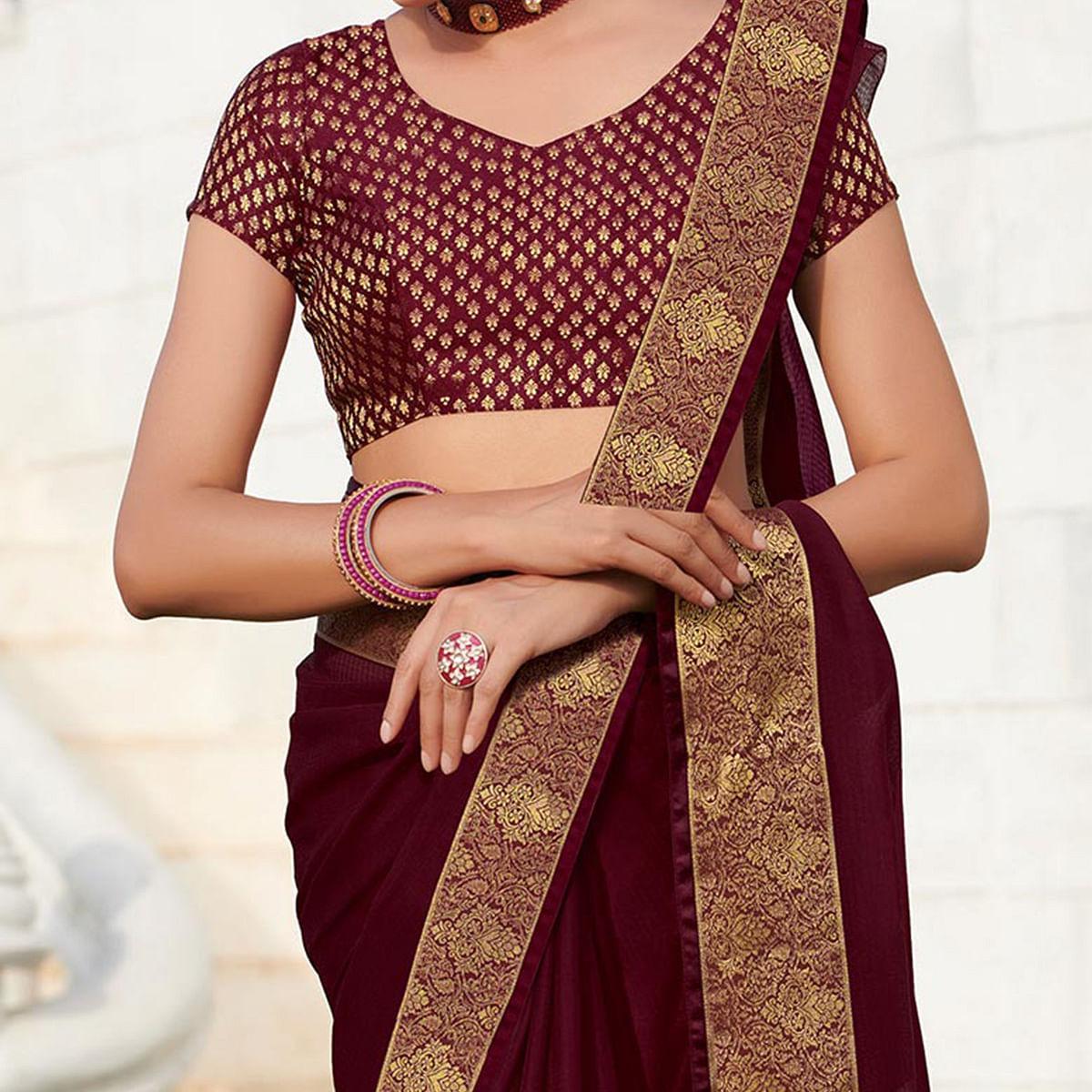 Unique Wine Colored Party Wear Embroidered Chiffon Saree - Peachmode