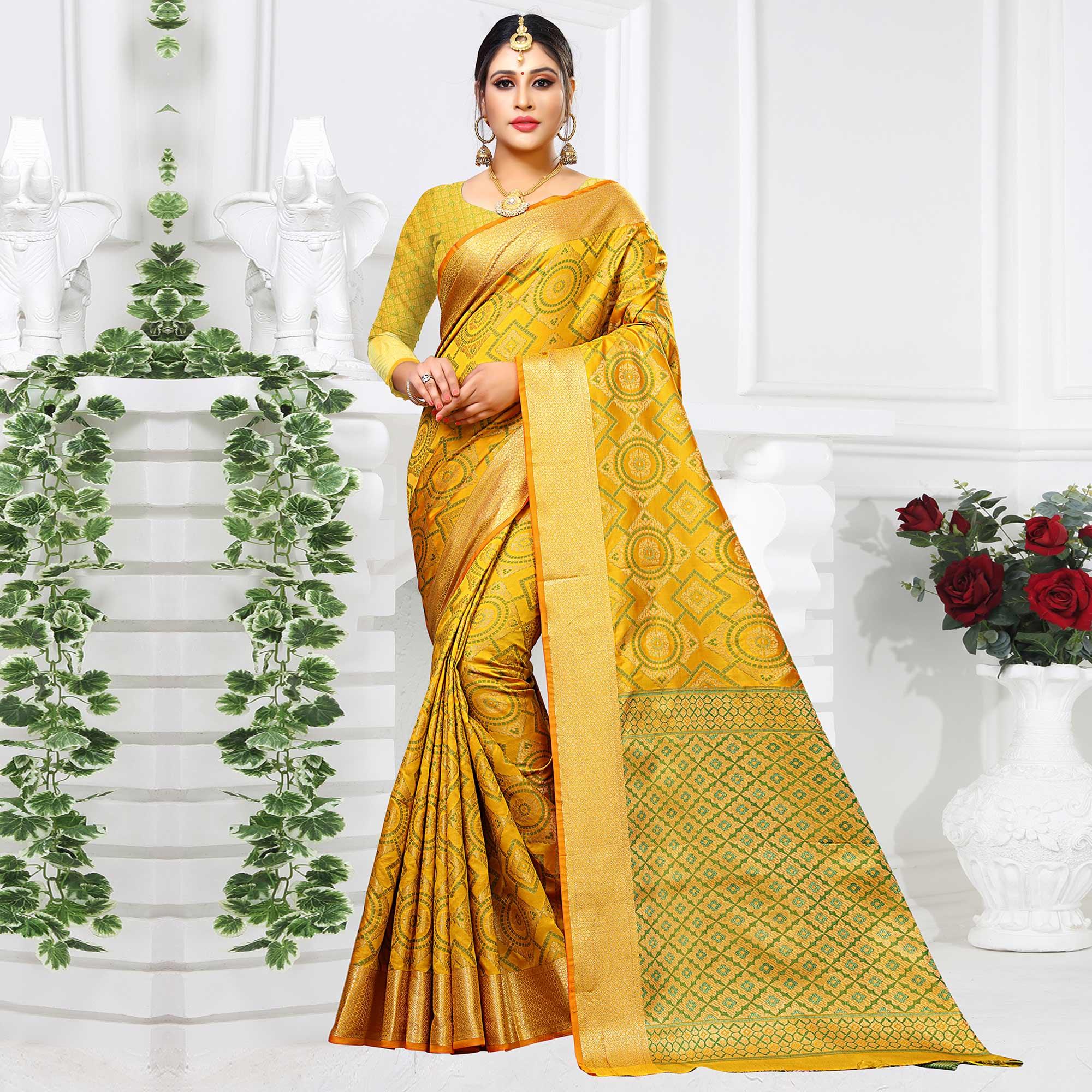 Unique Yellow Colored Festive Wear Woven Silk Saree - Peachmode
