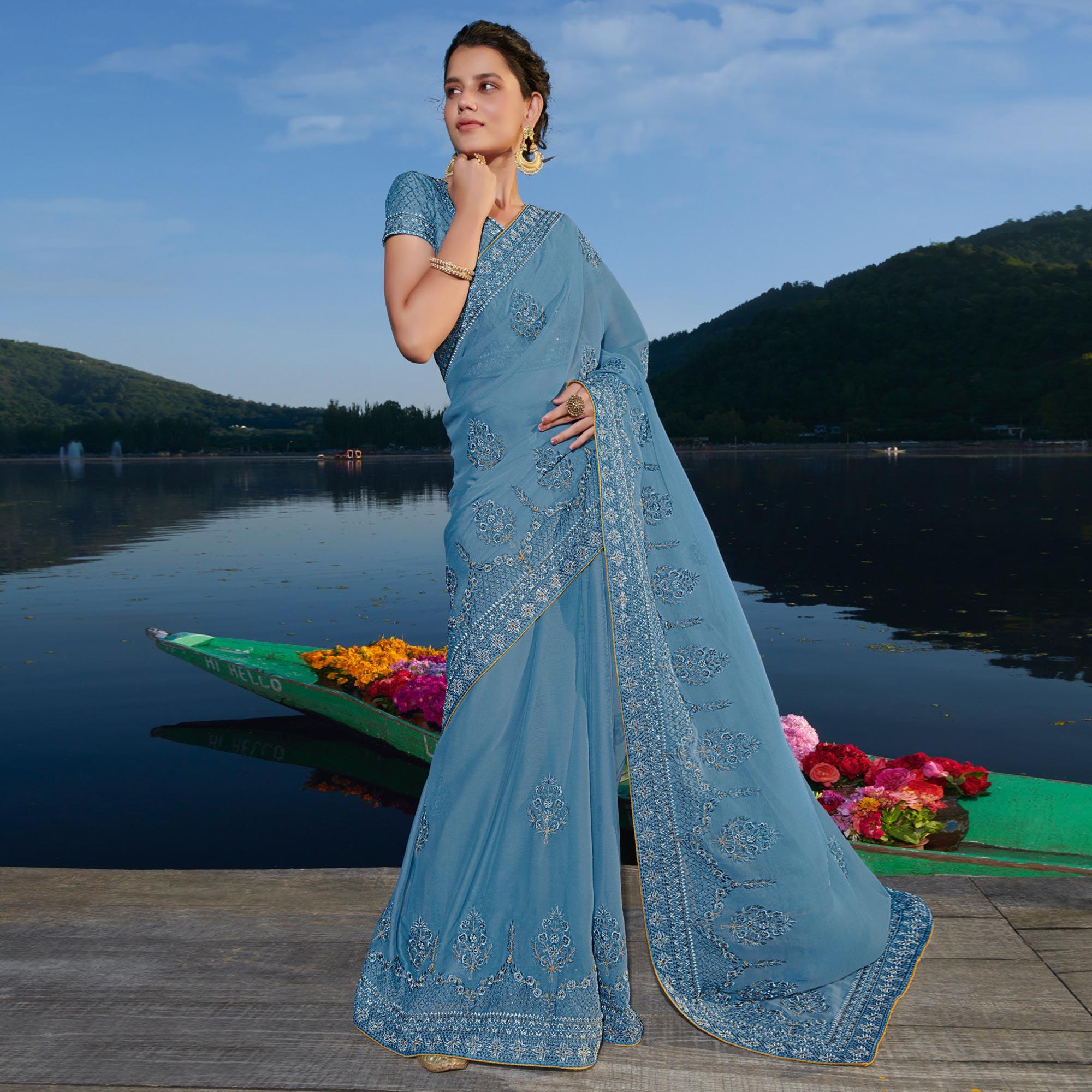 Vintage Blue Partywear Floral Embroidered Chiffon Saree - Peachmode