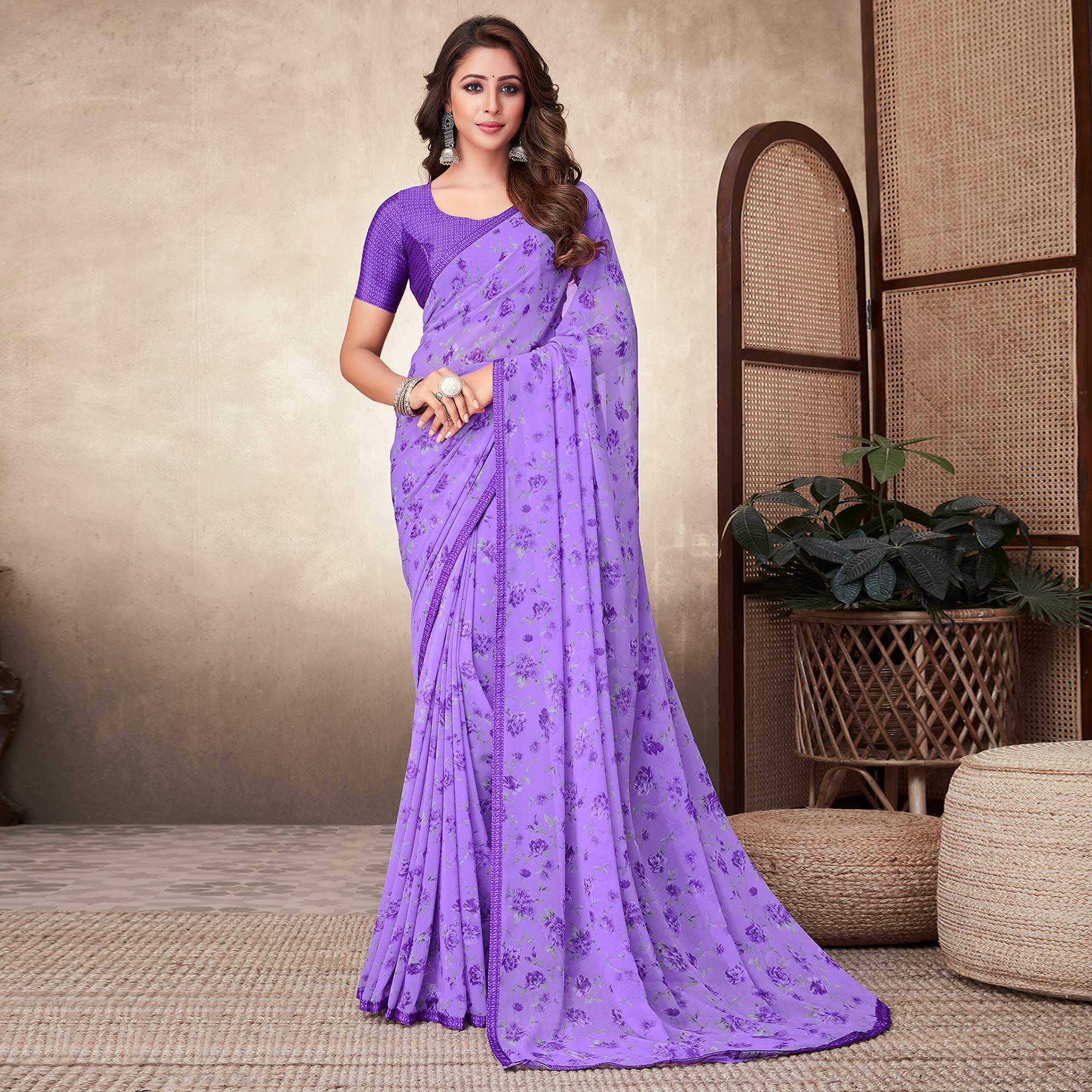 Violet  Casual Wear Floral Printed Georgette Saree - Peachmode