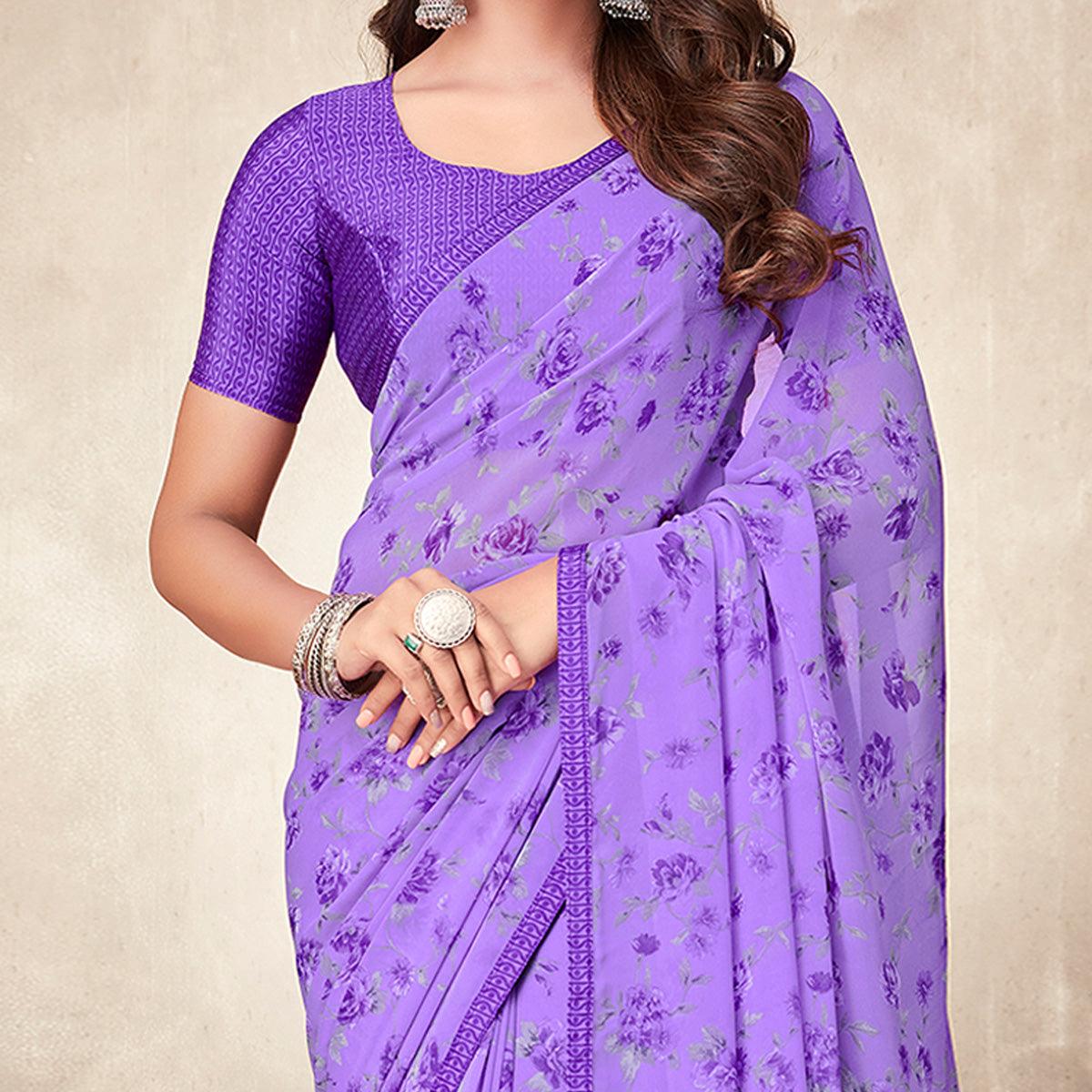 Violet  Casual Wear Floral Printed Georgette Saree - Peachmode
