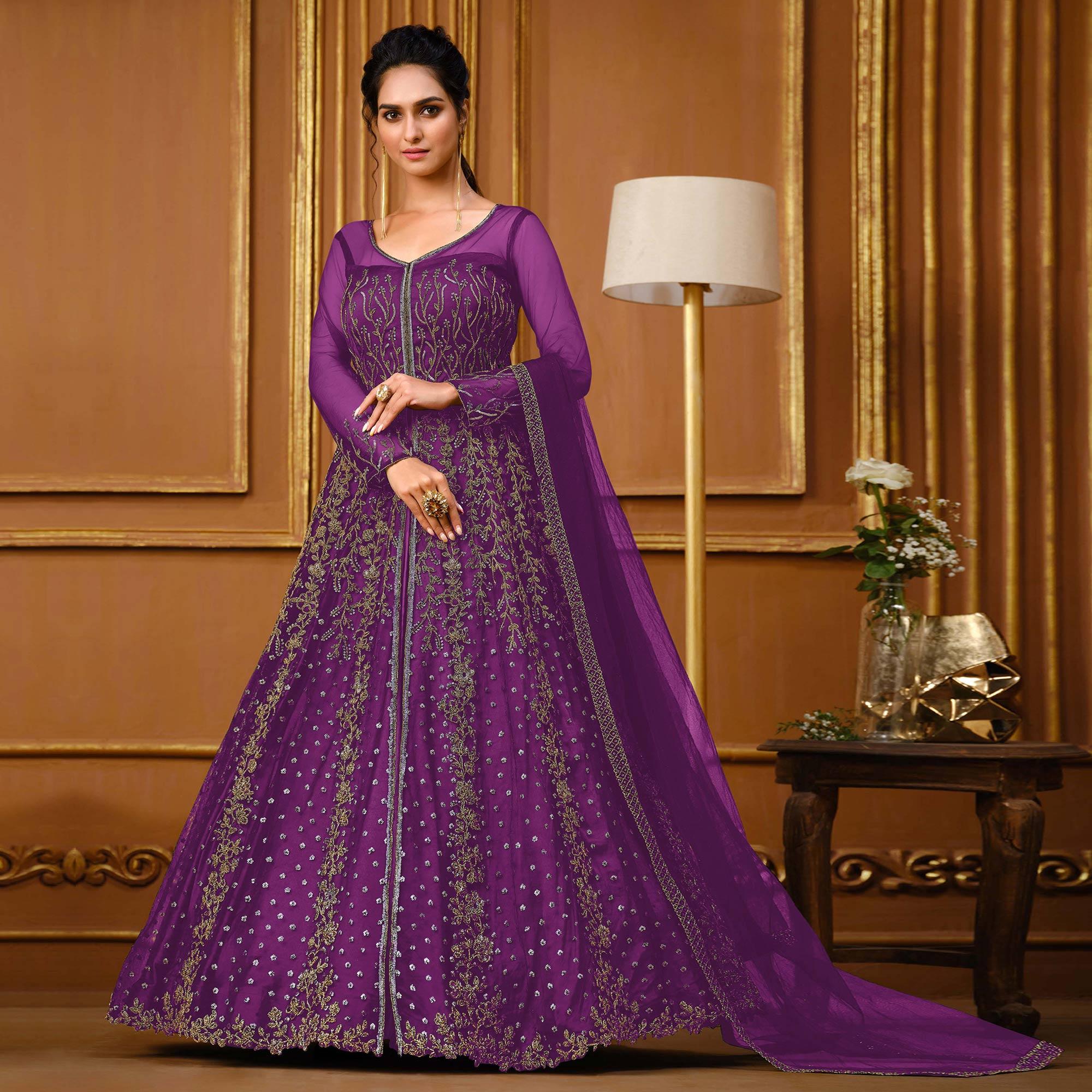 Violet Embroidered Netted Anarkali Style Gown - Peachmode