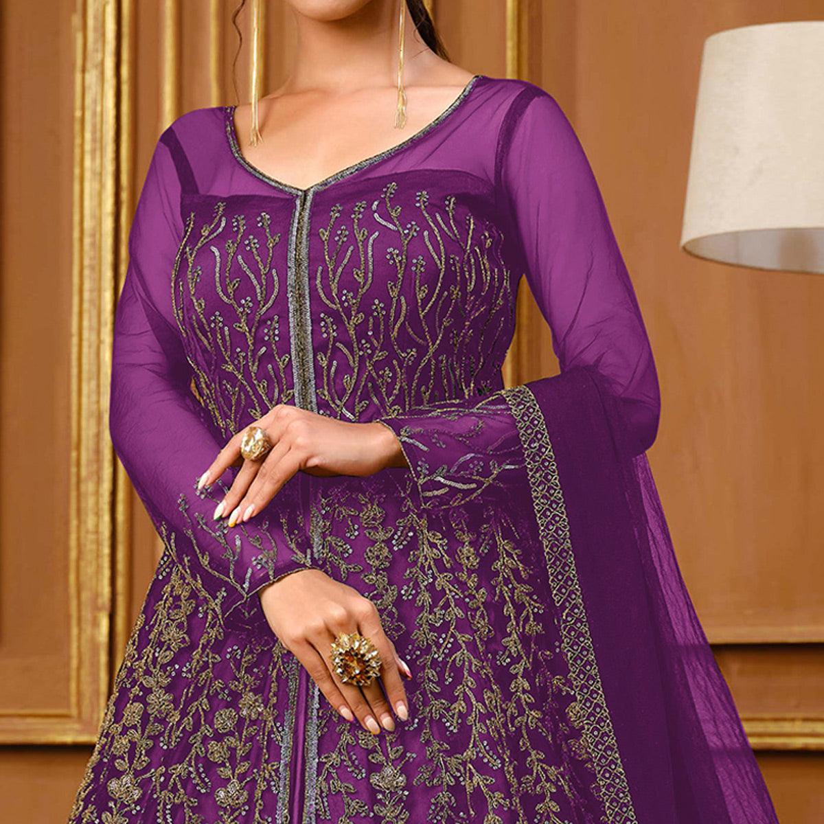 Violet Embroidered Netted Anarkali Style Gown - Peachmode