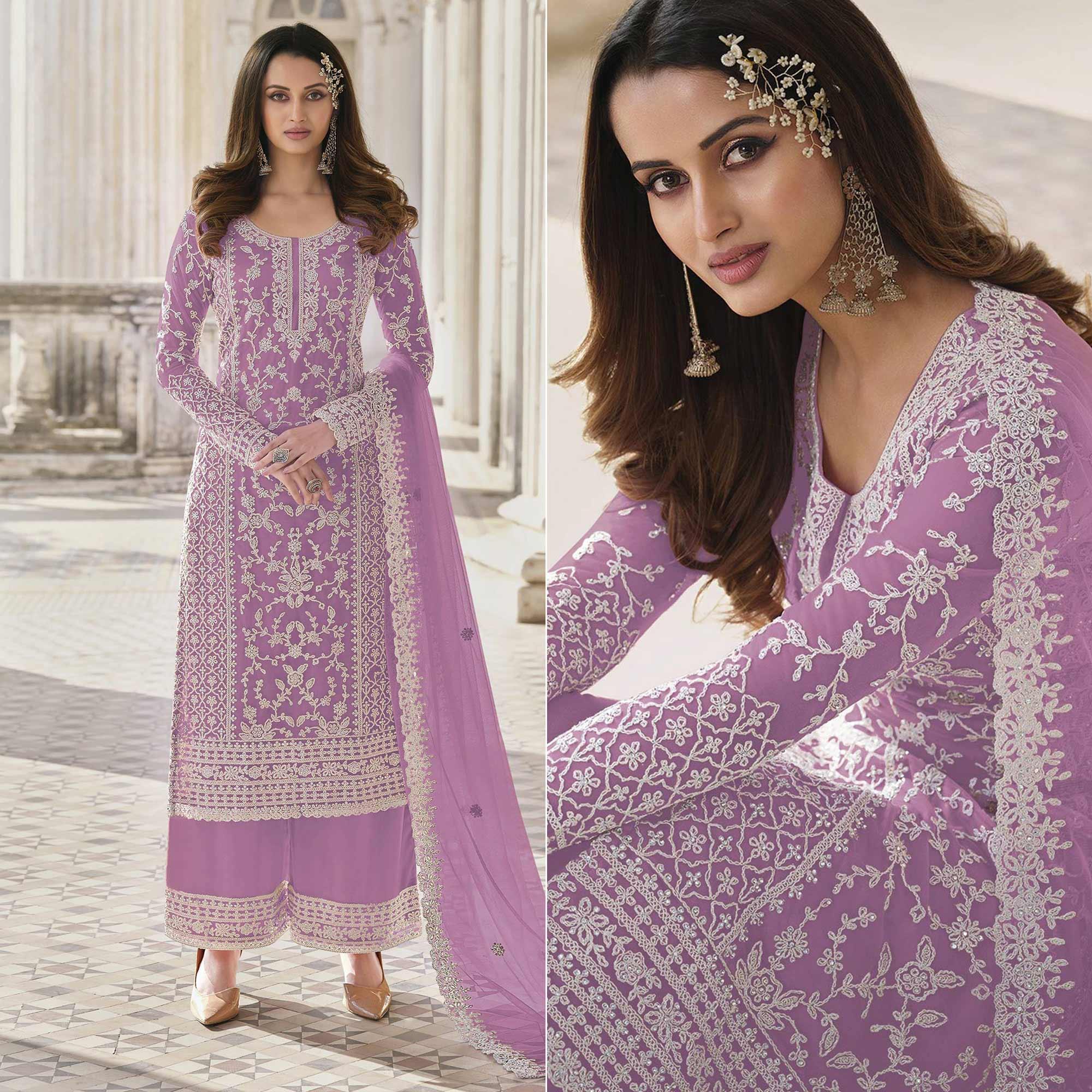 Violet Embroidered Netted Palazzo Suit - Peachmode