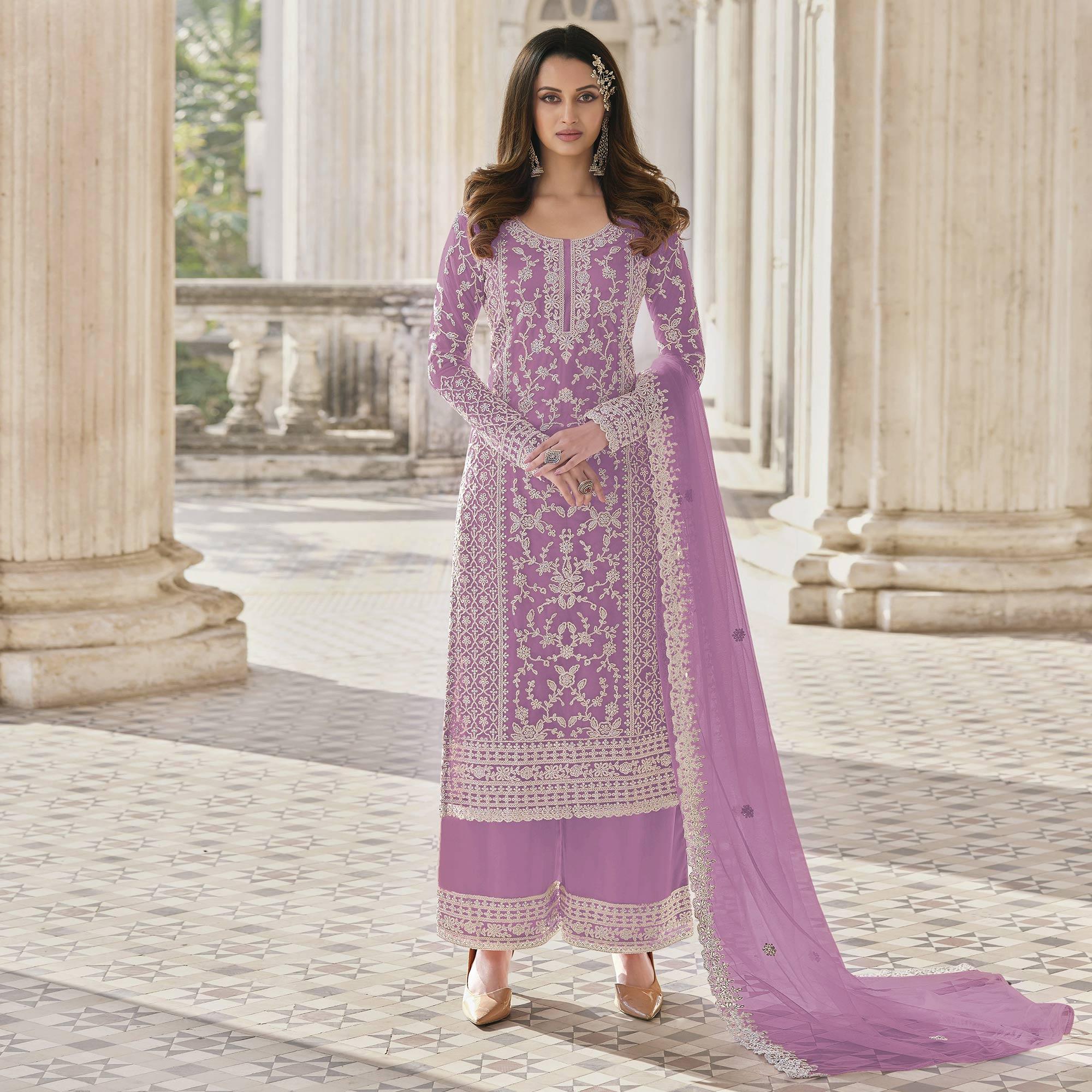 Violet Embroidered Netted Palazzo Suit - Peachmode