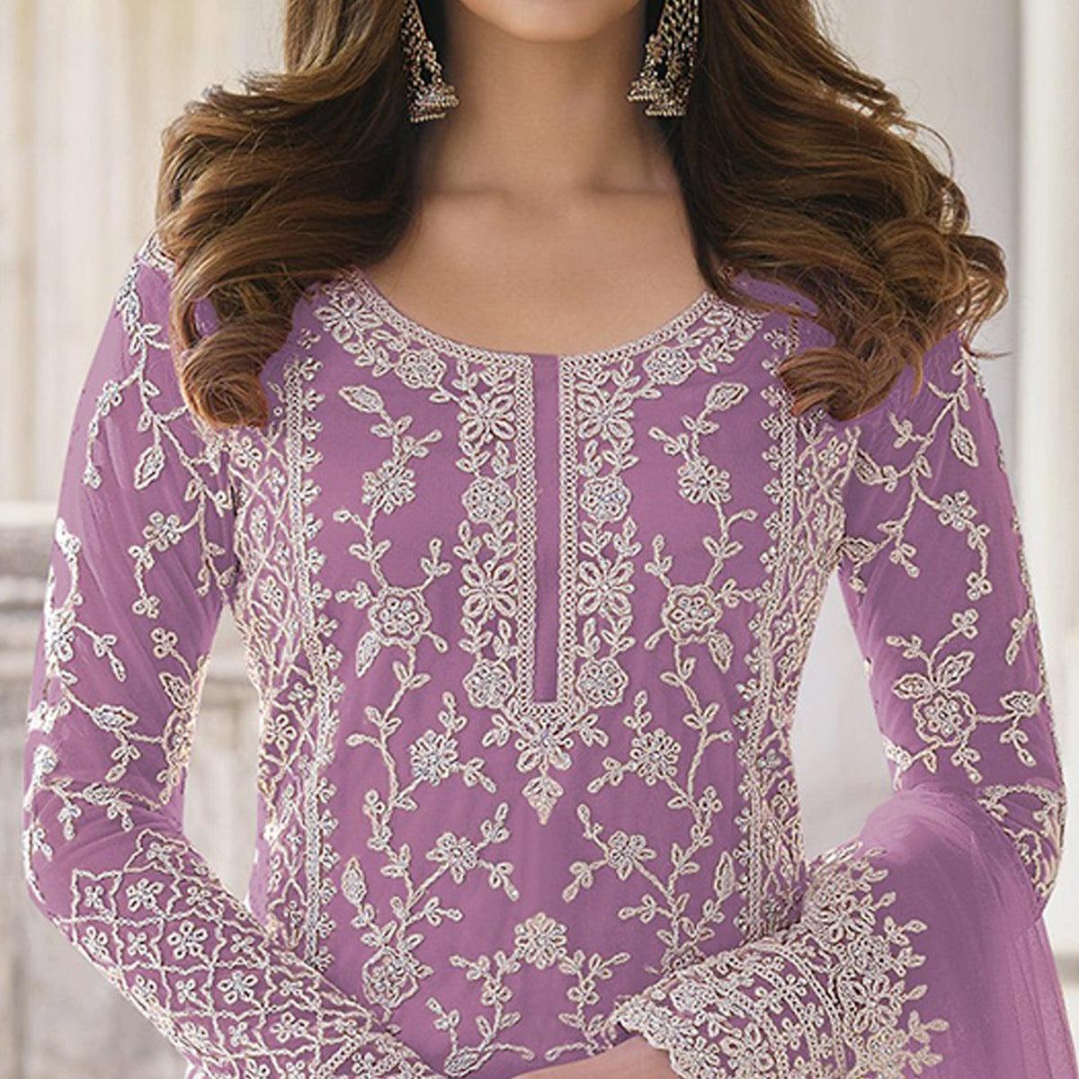 Violet Embroidered Netted Palazzo Suit - Peachmode