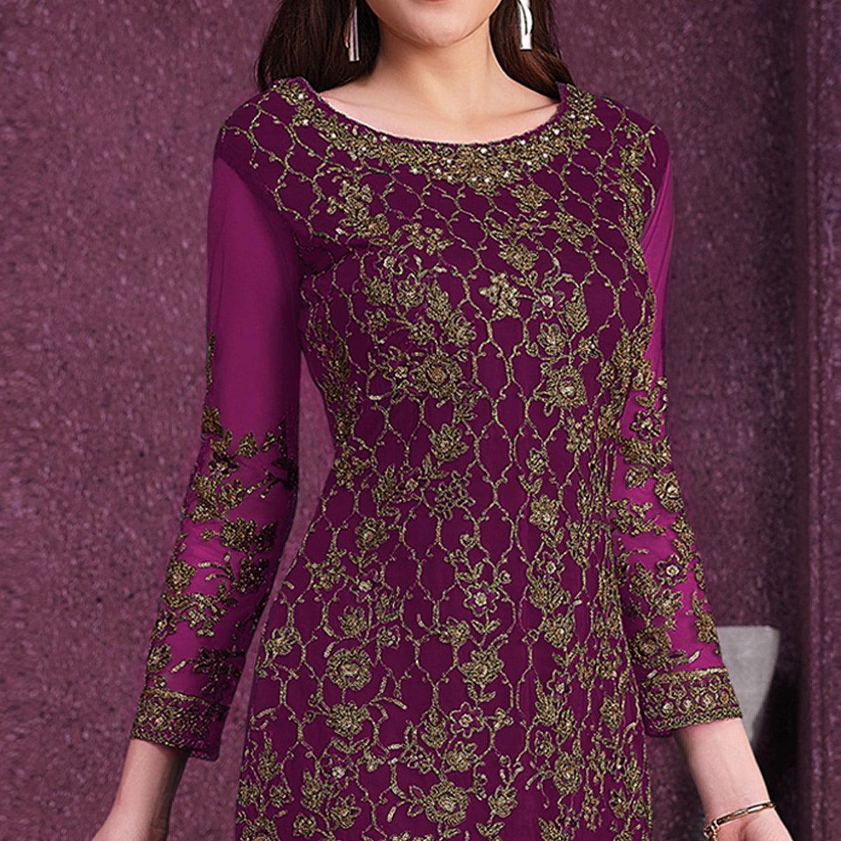 Violet Embroidered Netted Suit - Peachmode