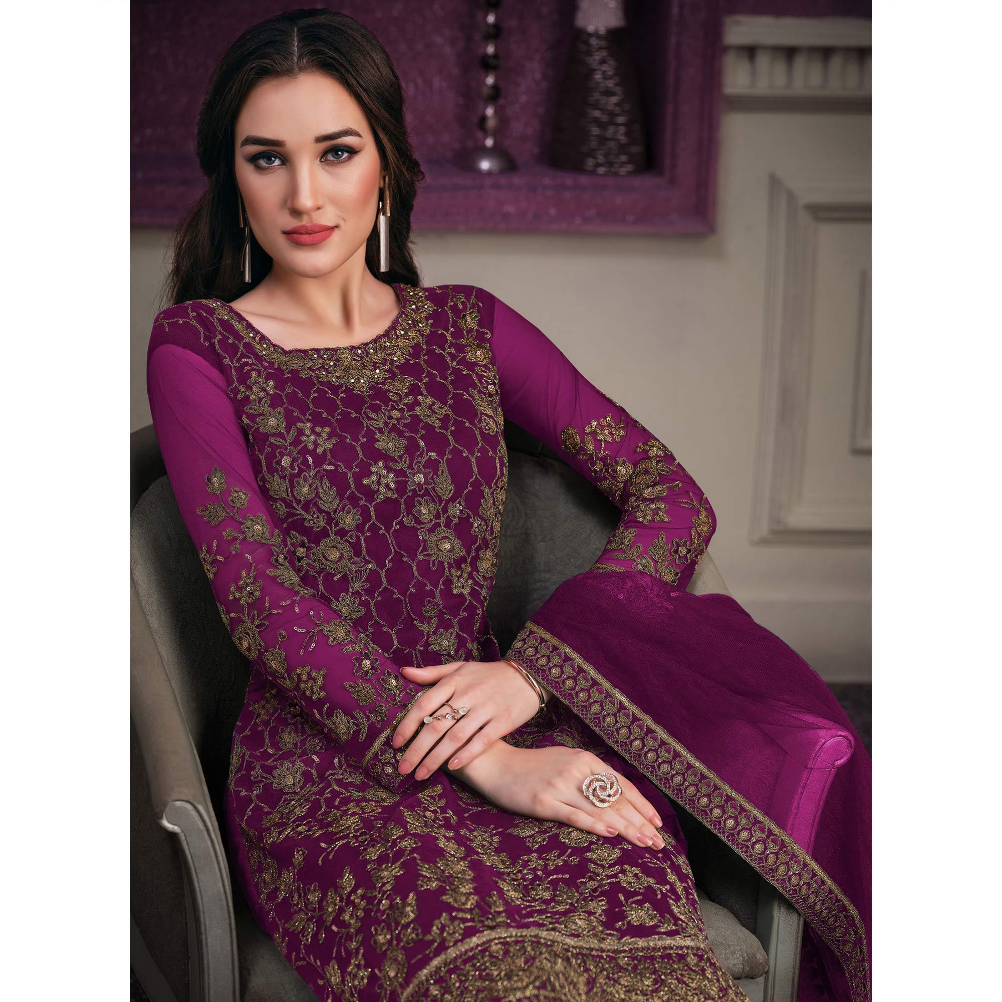 Violet Embroidered Netted Suit - Peachmode