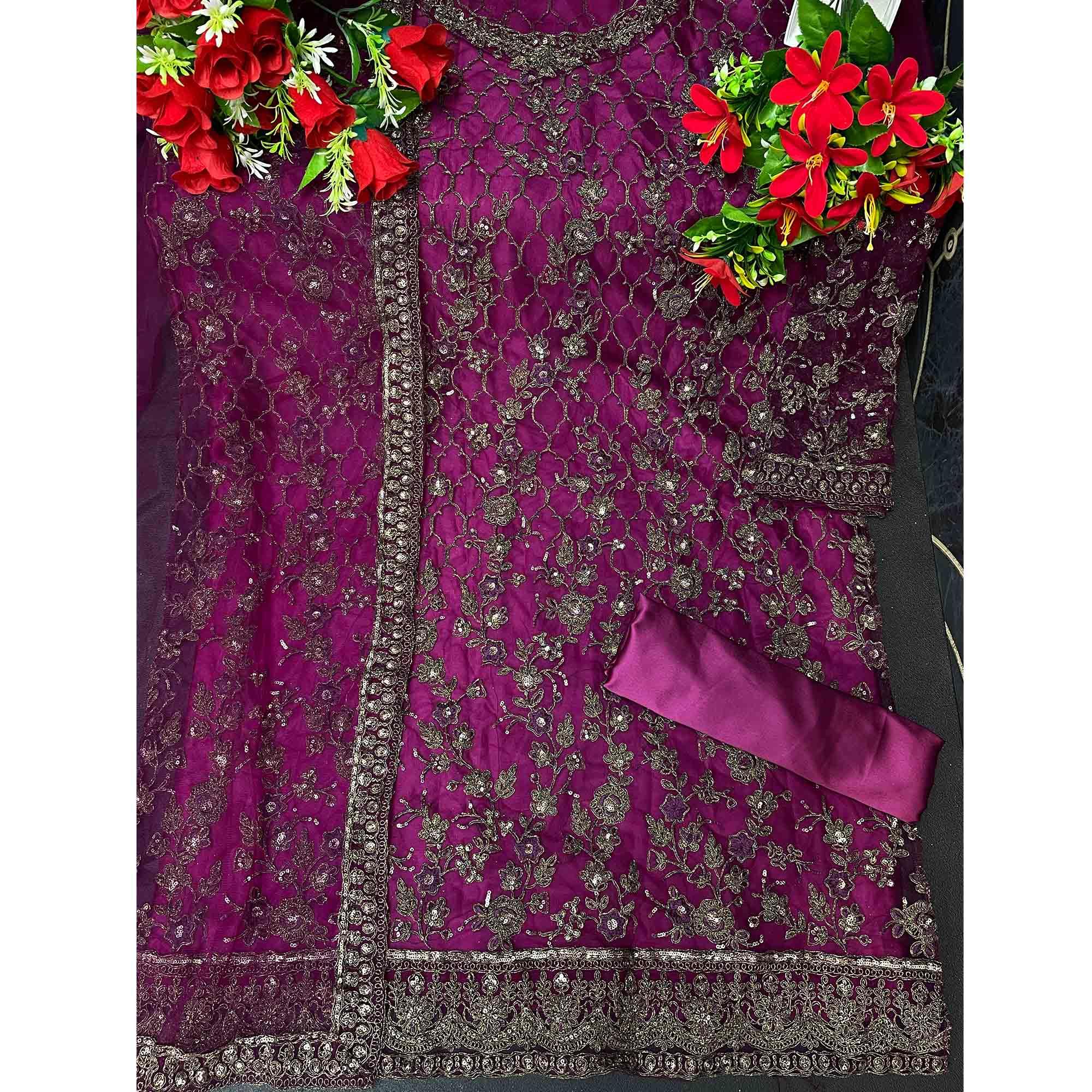 Violet Embroidered Netted Suit - Peachmode