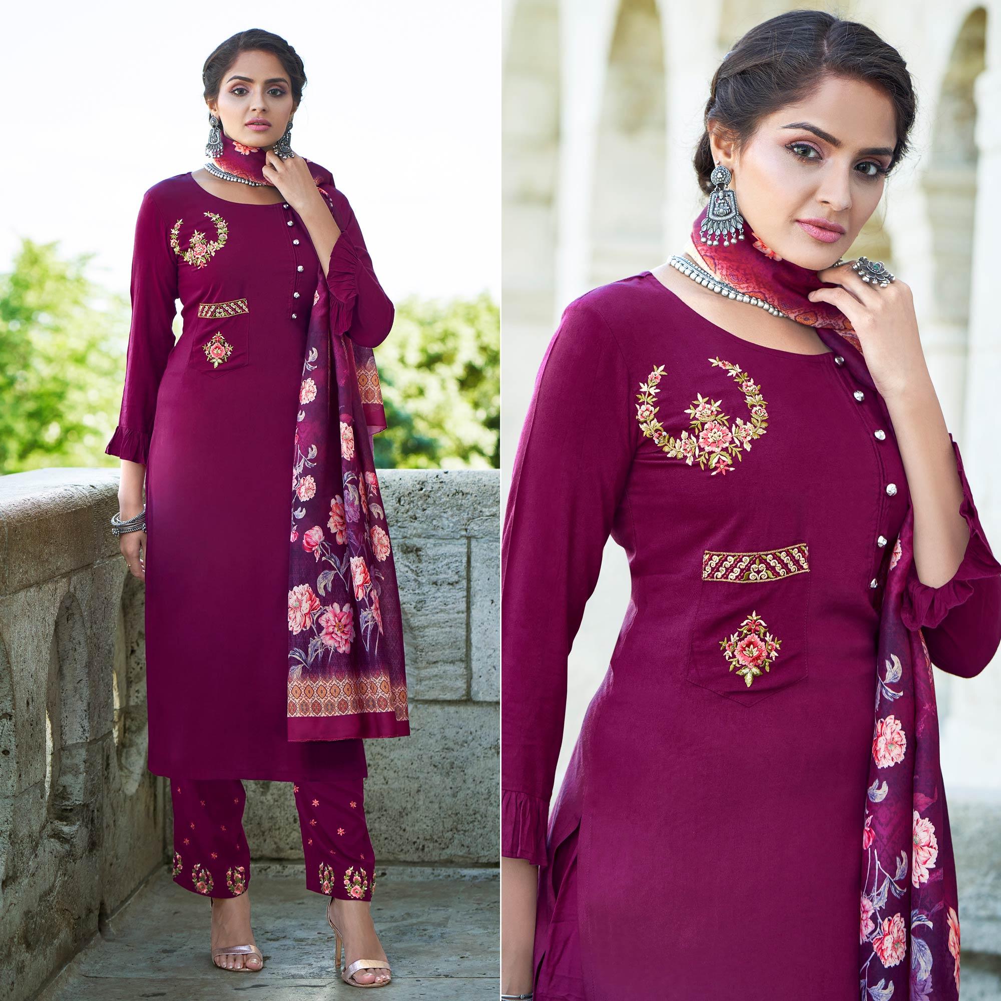 Violet Embroidered Rayon Kurti Pant Set With Dupatta - Peachmode