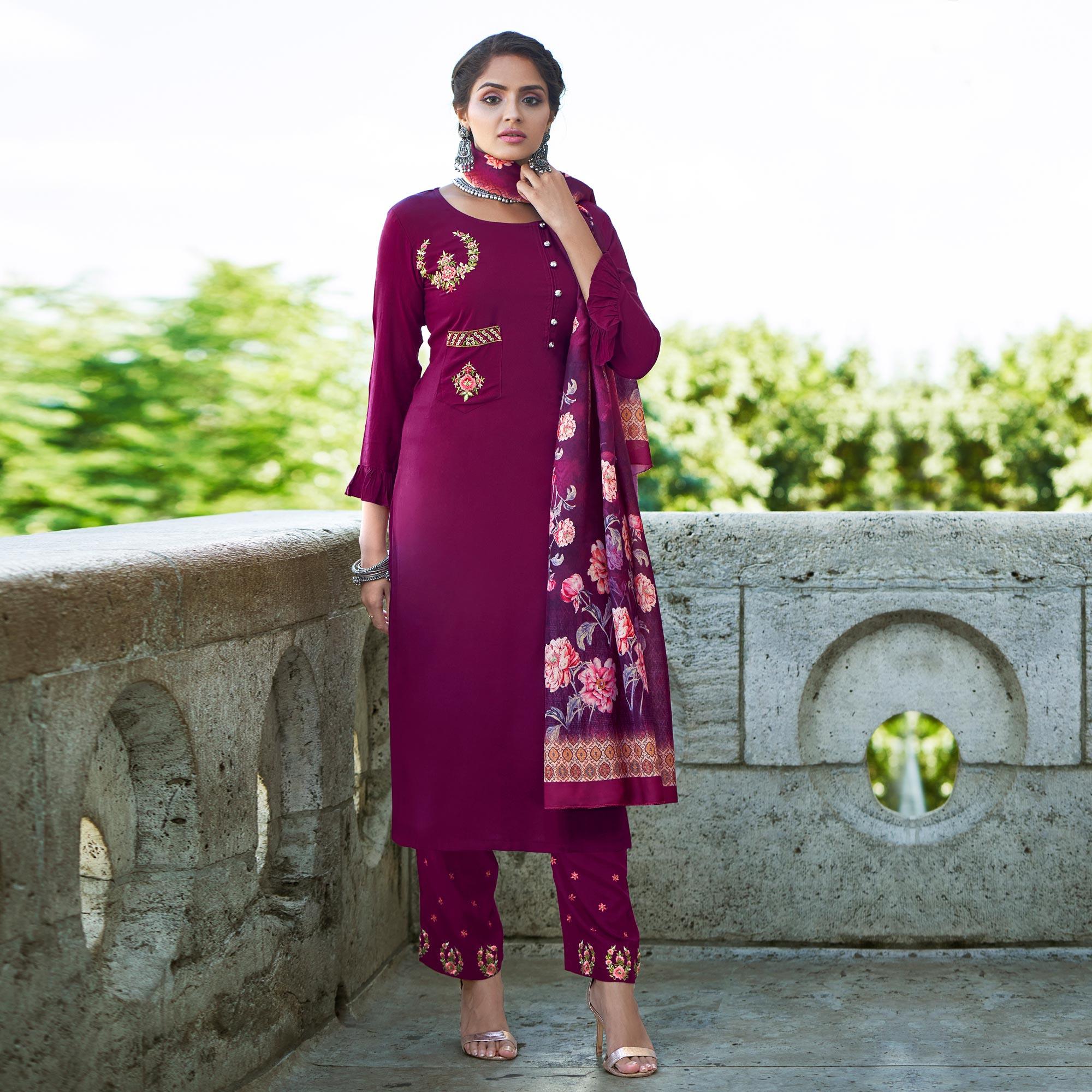 Violet Embroidered Rayon Kurti Pant Set With Dupatta - Peachmode