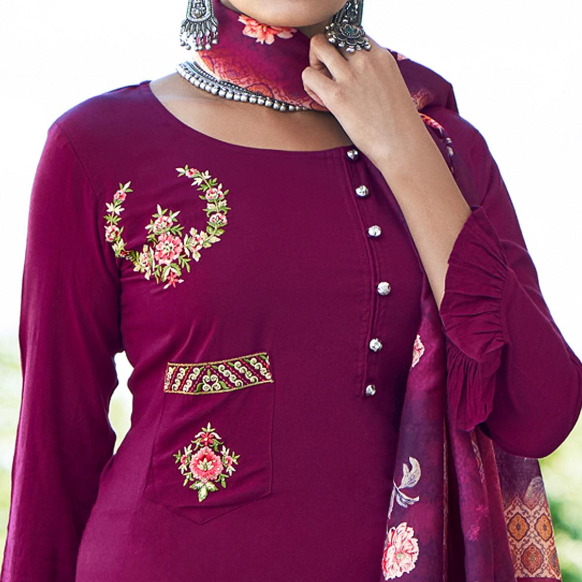 Violet Embroidered Rayon Kurti Pant Set With Dupatta - Peachmode