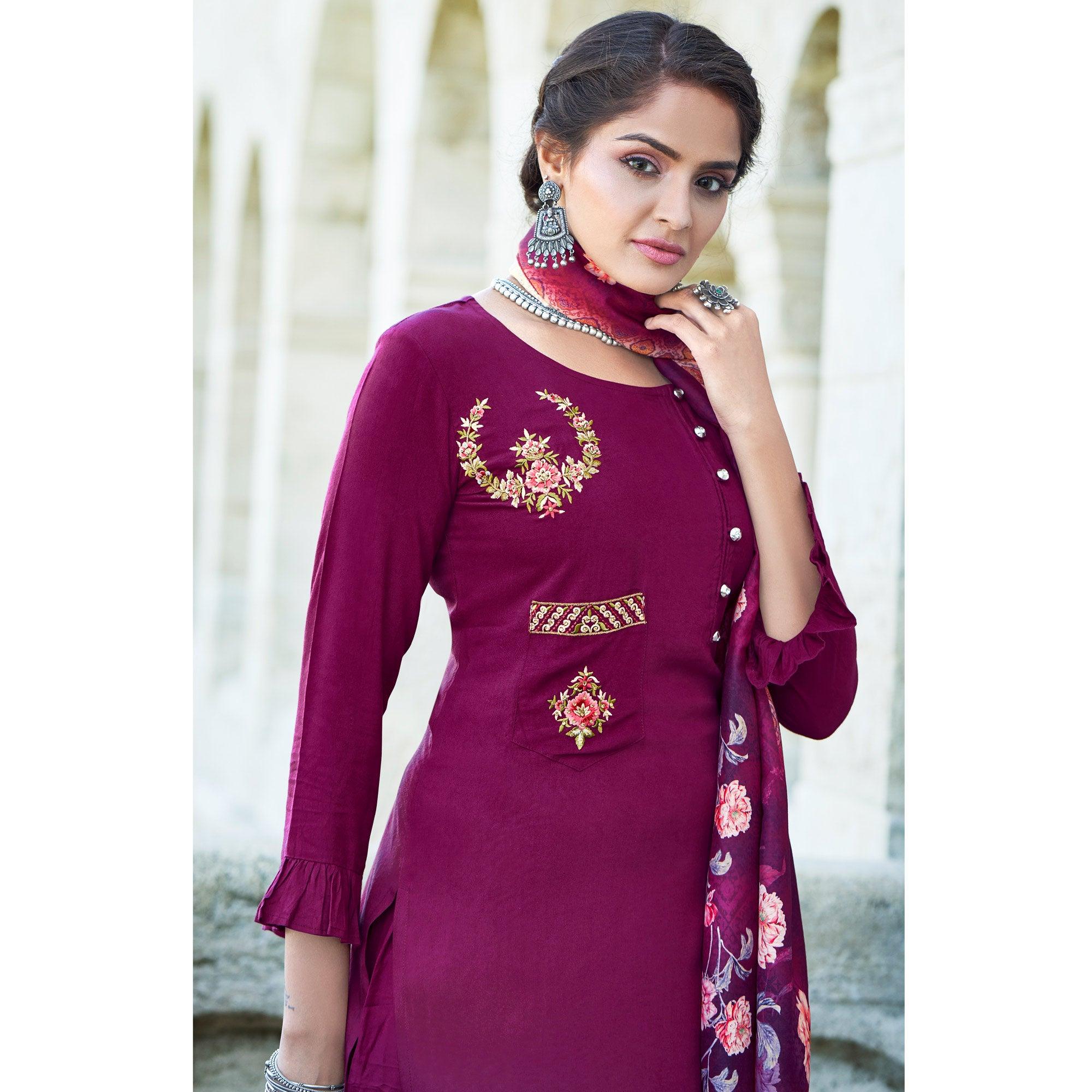 Violet Embroidered Rayon Kurti Pant Set With Dupatta - Peachmode