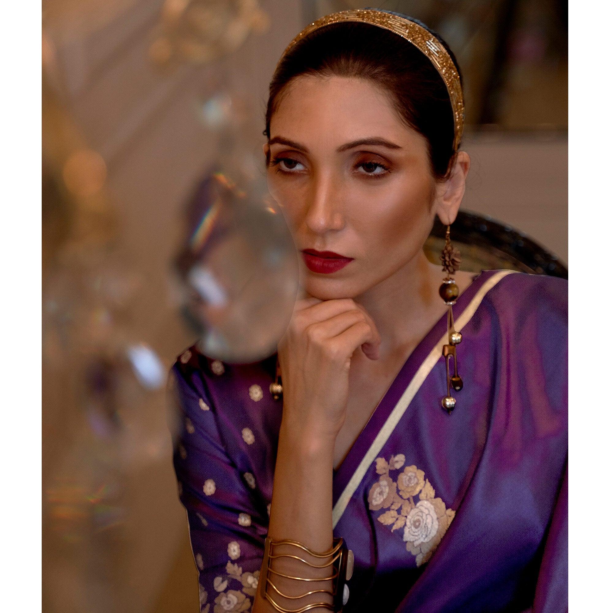 Violet Festive Wear Floral Designer Woven Pure Satin Silk Saree - Peachmode