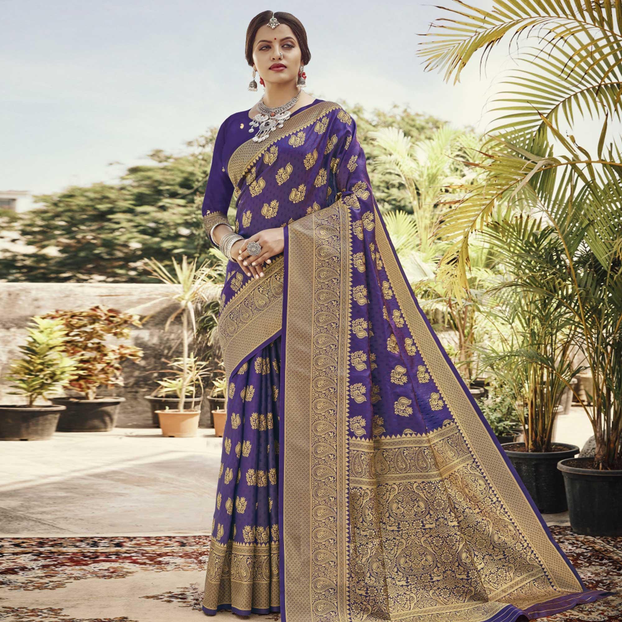 Violet Festive Wear Woven Banarasi Silk Saree - Peachmode