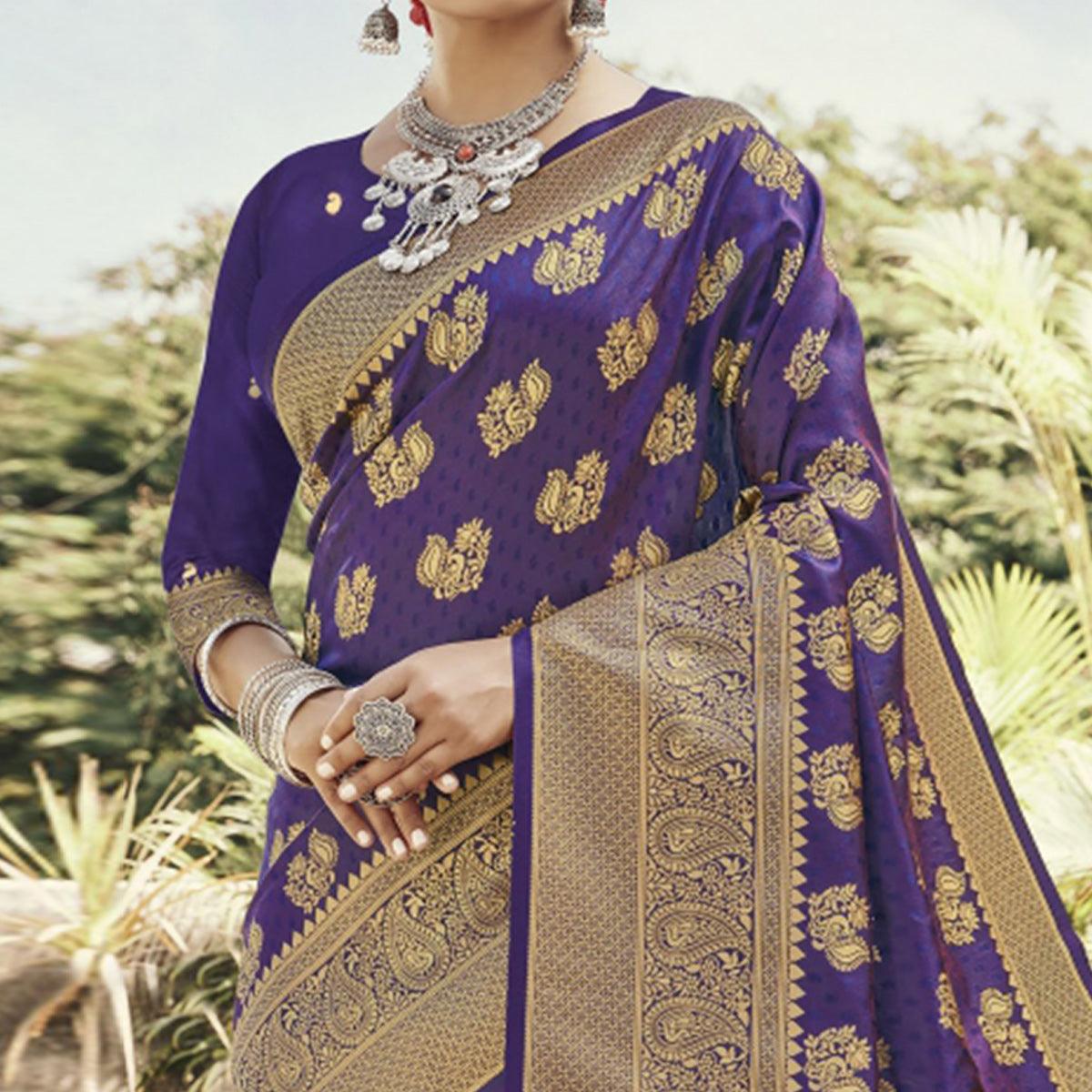 Violet Festive Wear Woven Banarasi Silk Saree - Peachmode