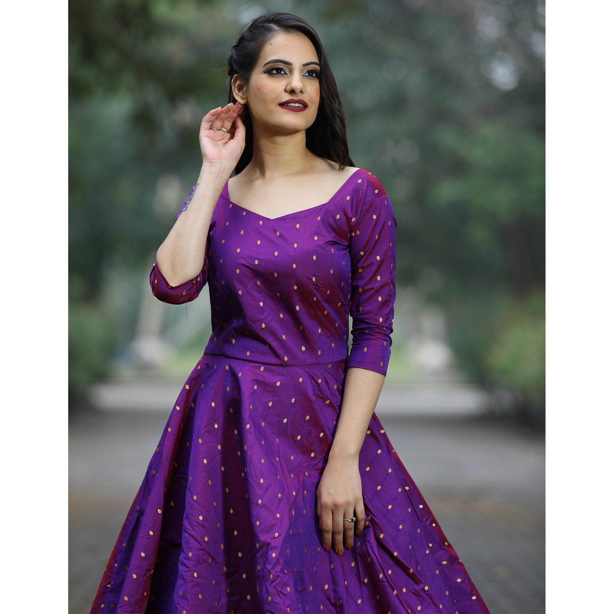 Violet Festive Wear Woven Tapetta Silk Gown - Peachmode