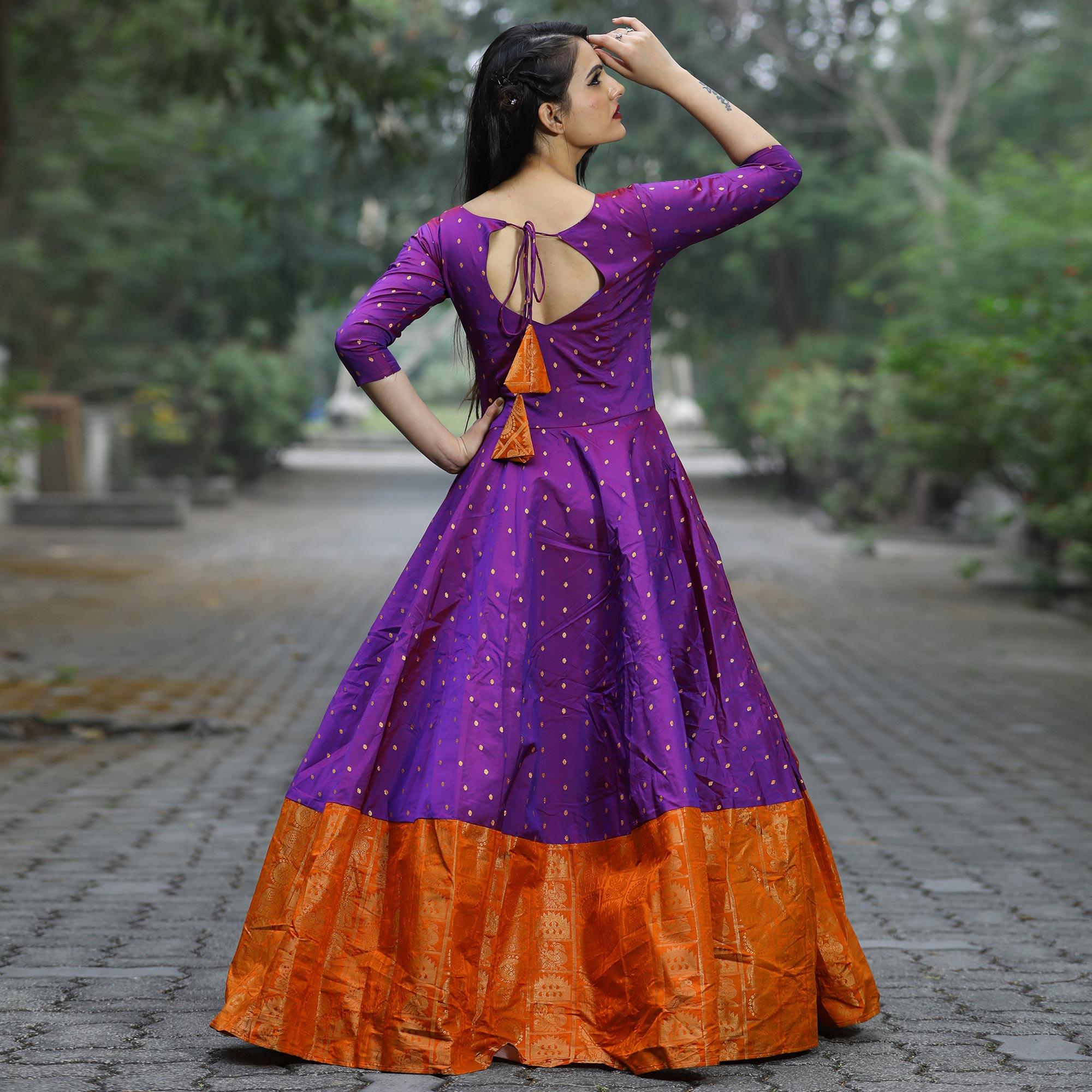 Violet Festive Wear Woven Tapetta Silk Gown - Peachmode