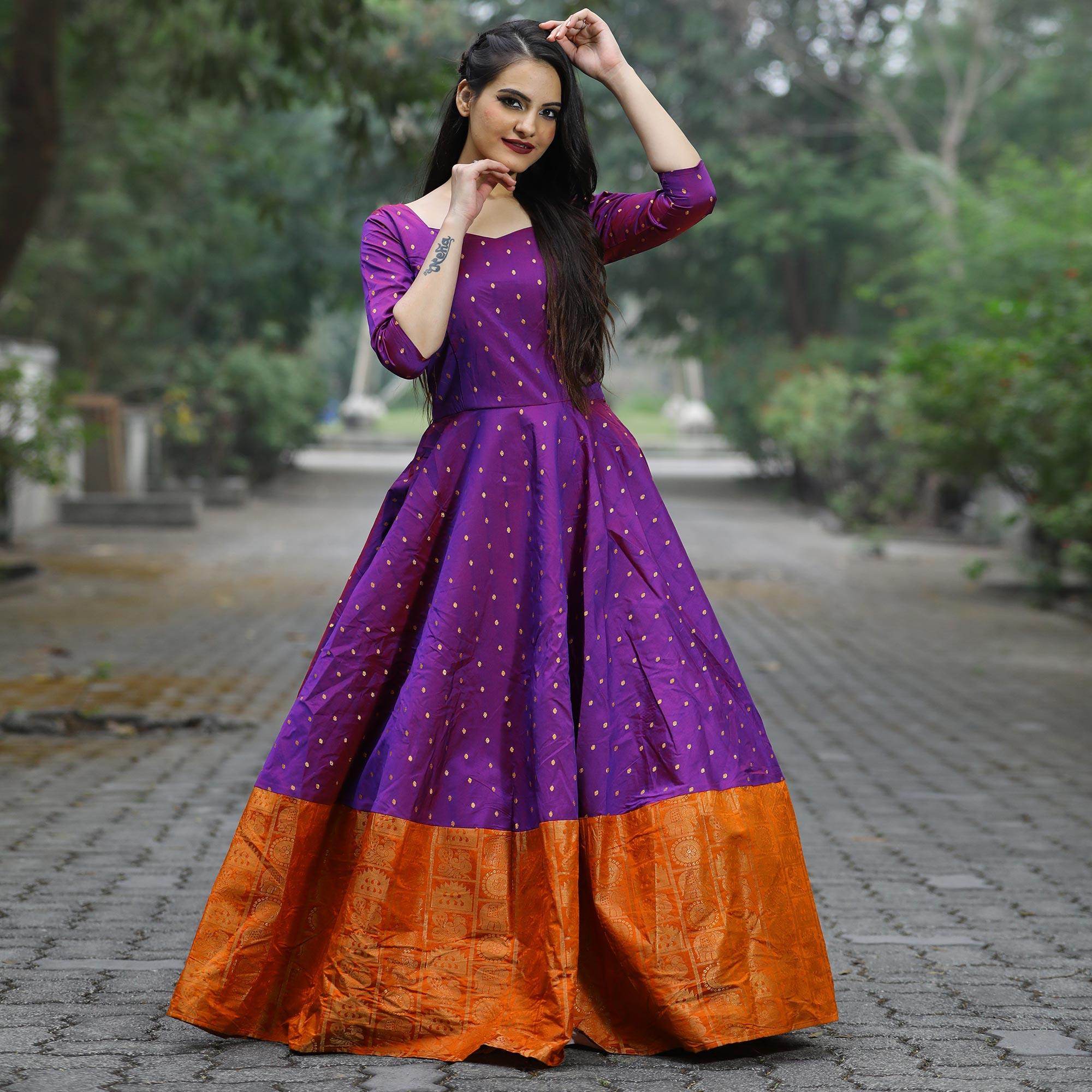 Violet Festive Wear Woven Tapetta Silk Gown - Peachmode