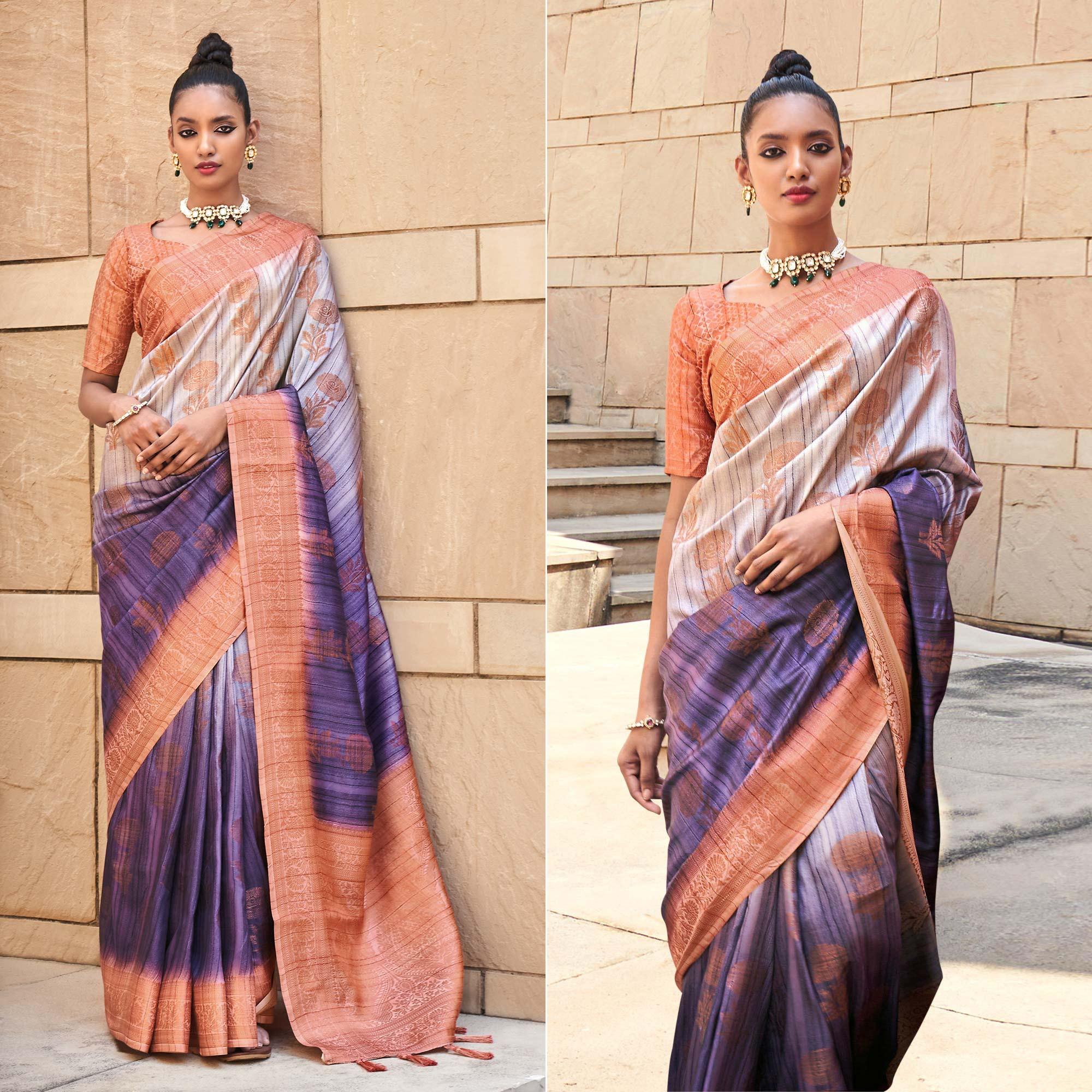 Violet Floral Woven Art Silk Saree - Peachmode