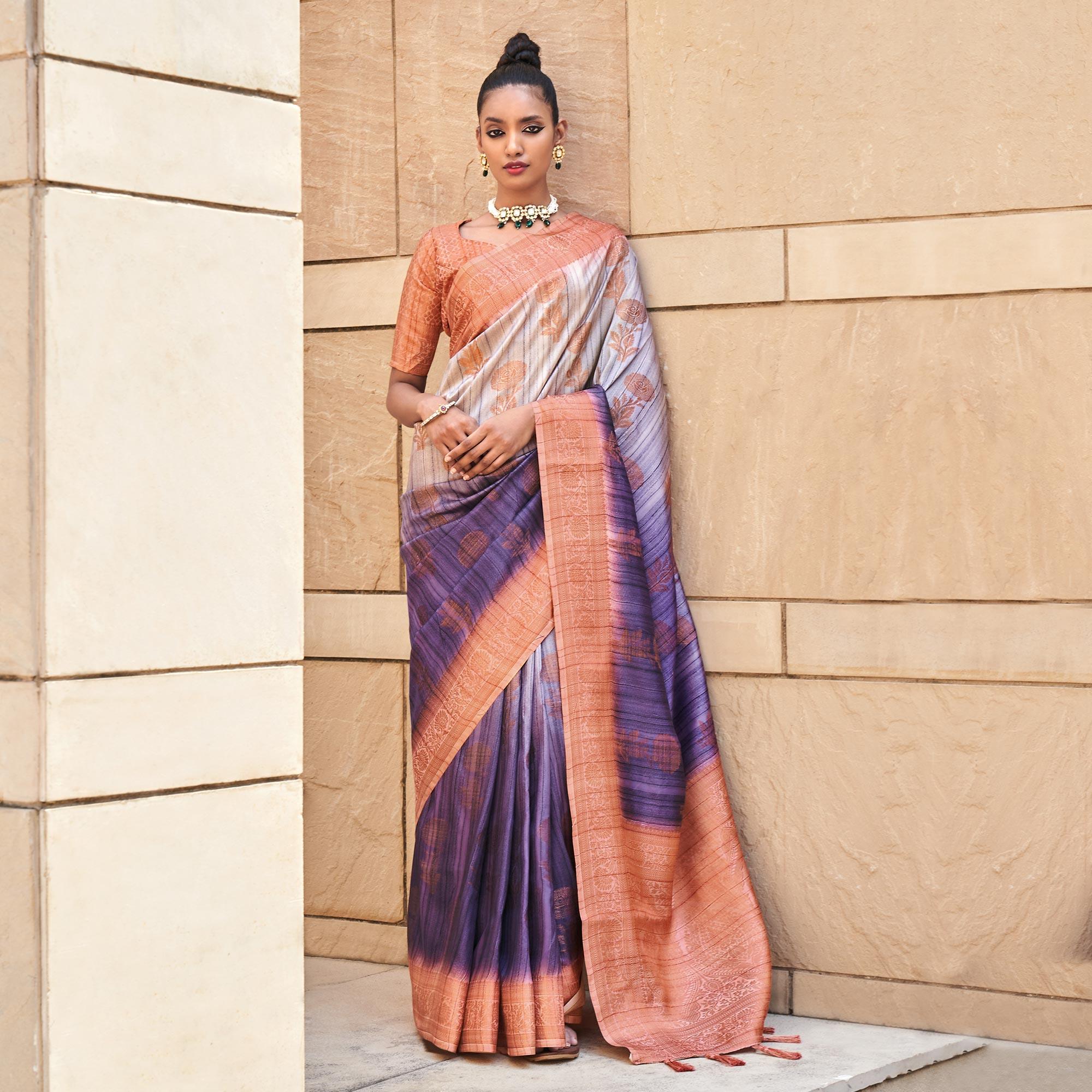 Violet Floral Woven Art Silk Saree - Peachmode