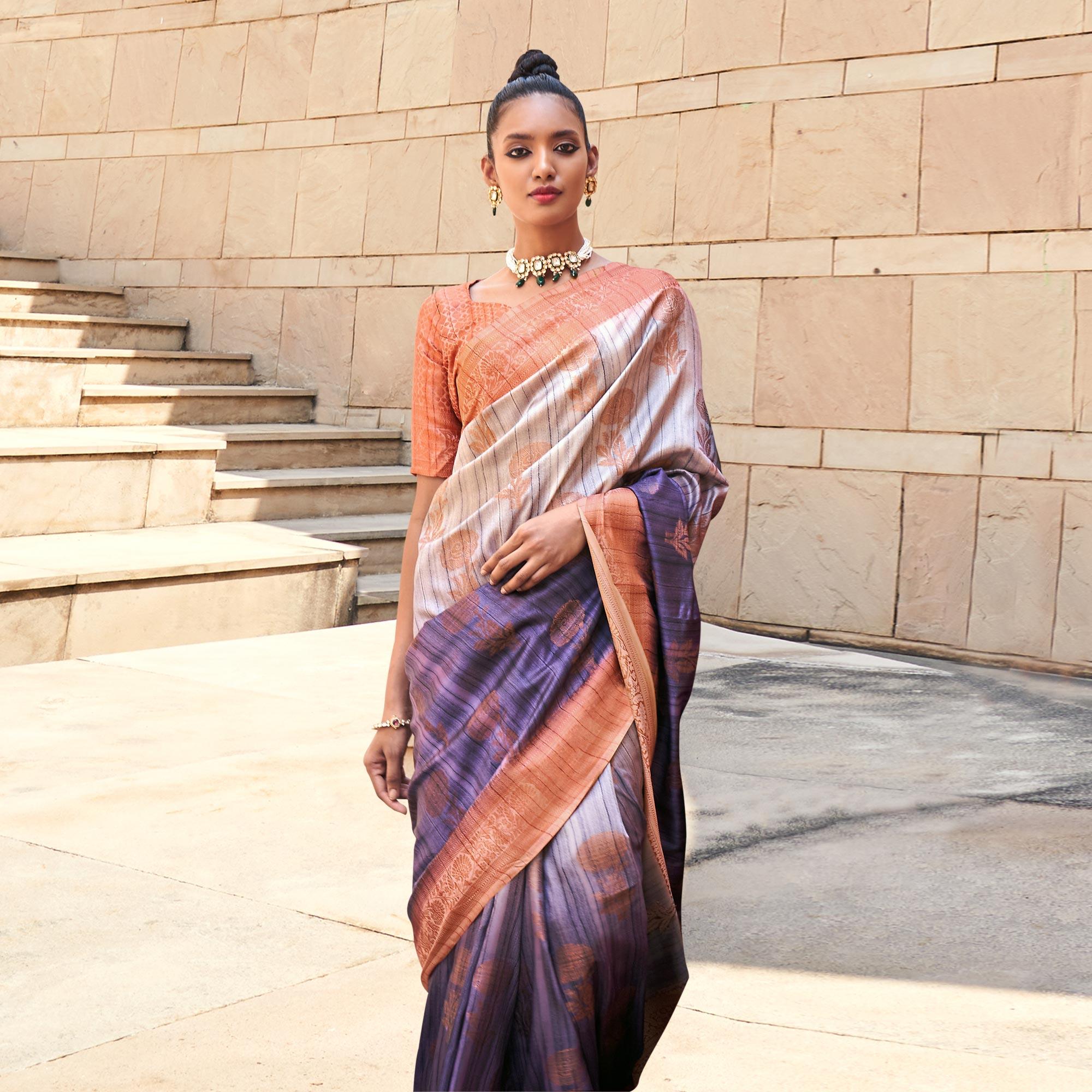 Violet Floral Woven Art Silk Saree - Peachmode