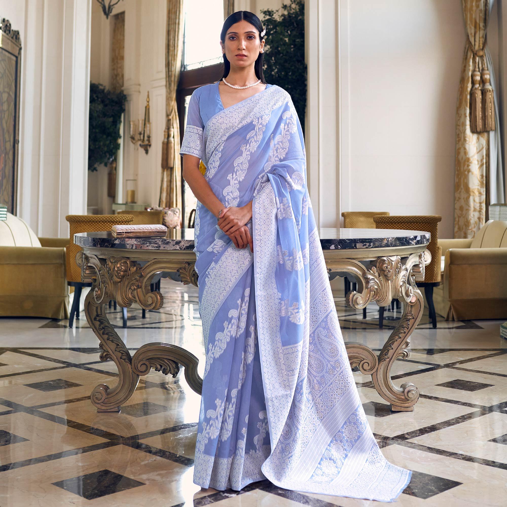 Violet Partywear Woven Chanderi Saree - Peachmode